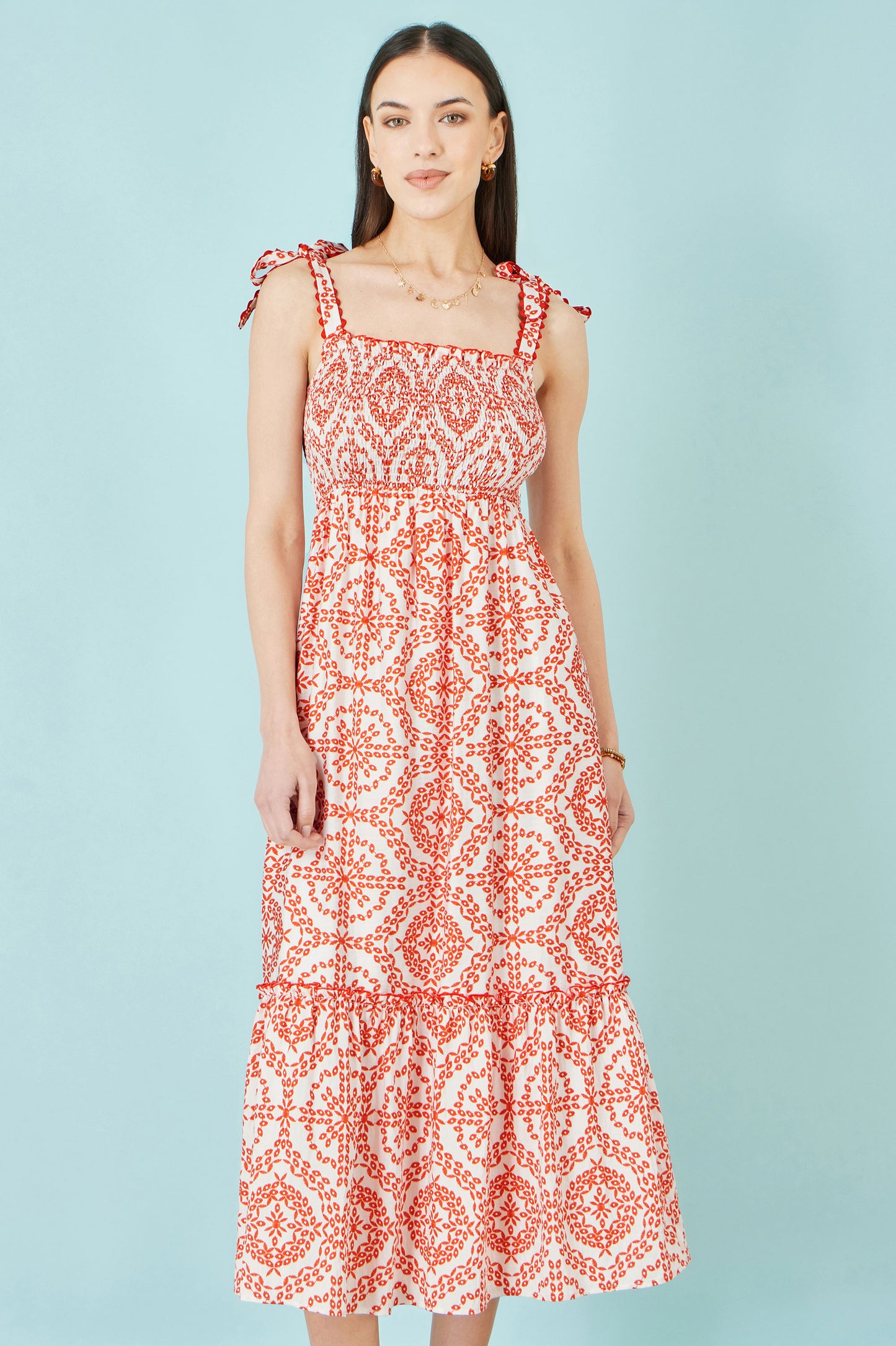 Yumi Red Viscose Ruched Tie Strap Midi Sun Dress Beachwear Yumi