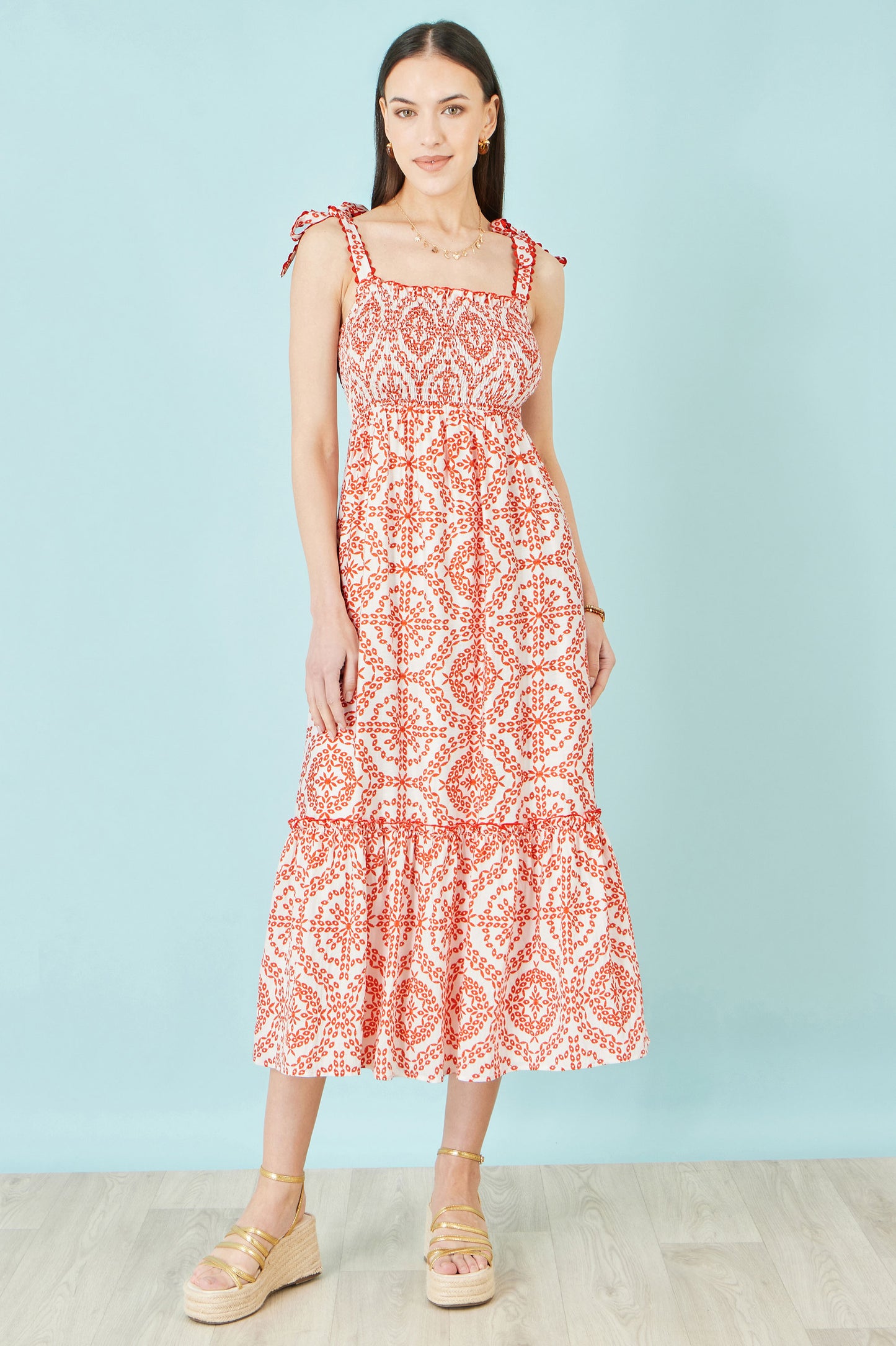 Yumi Red Viscose Ruched Tie Strap Midi Sun Dress Beachwear Yumi