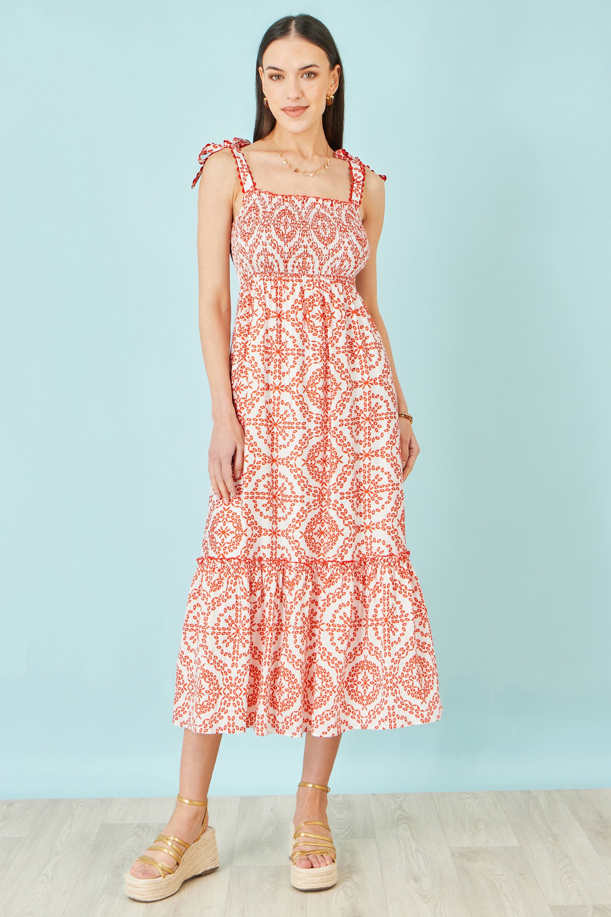 Yumi Red Viscose Ruched Tie Strap Midi Sun Dress Beachwear Yumi