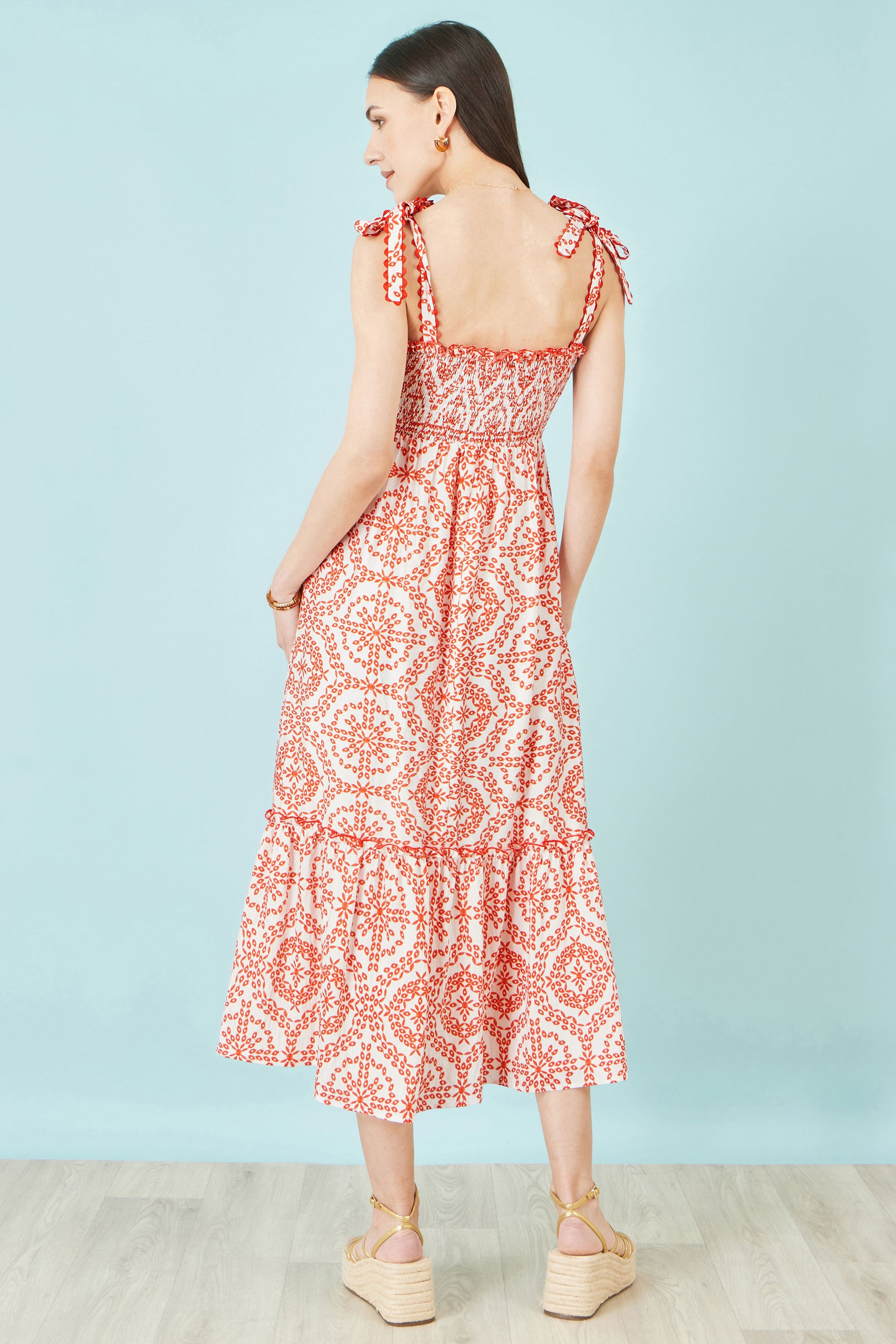 Yumi Red Viscose Ruched Tie Strap Midi Sun Dress Beachwear Yumi