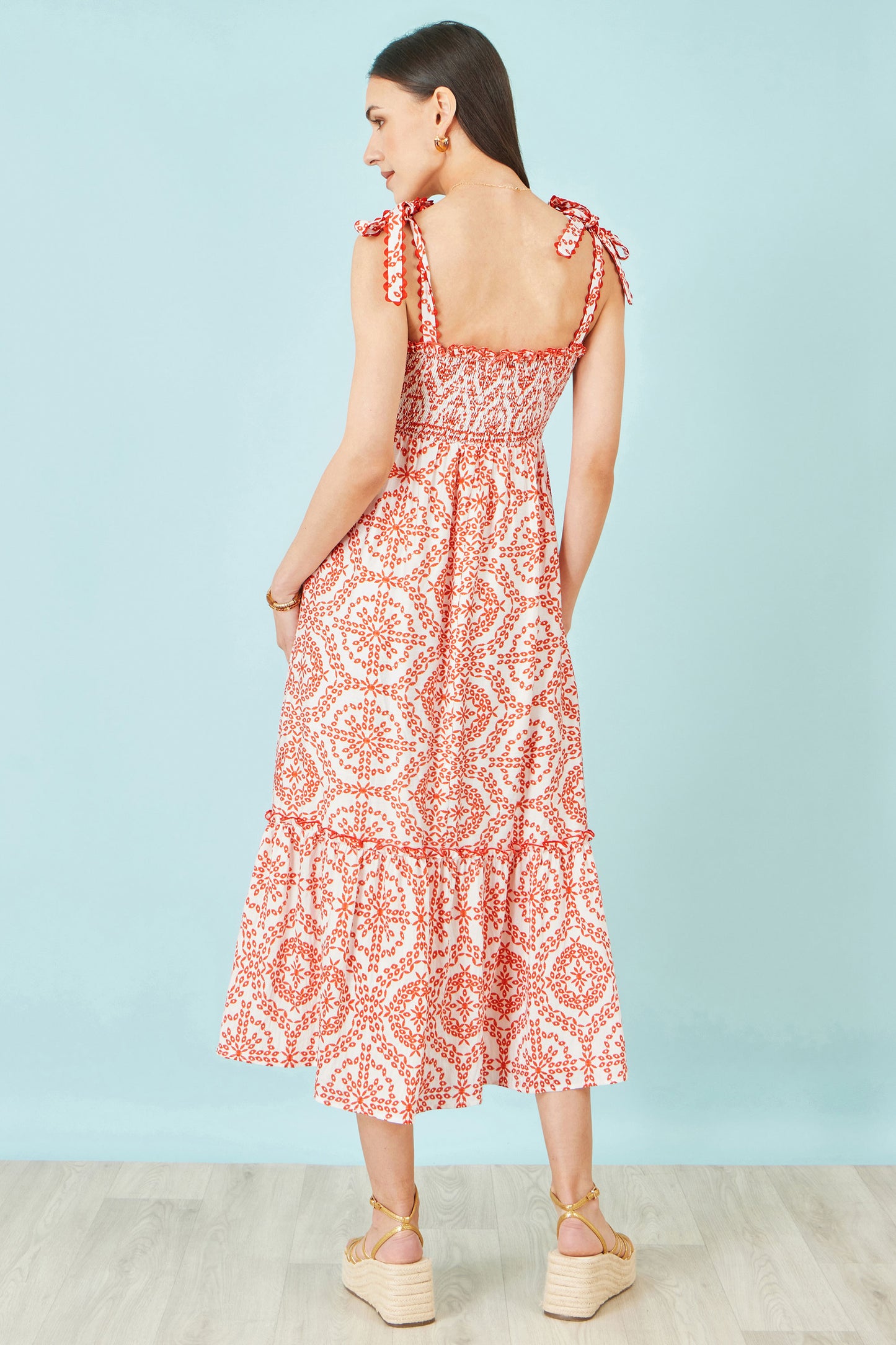 Yumi Red Viscose Ruched Tie Strap Midi Sun Dress Beachwear Yumi