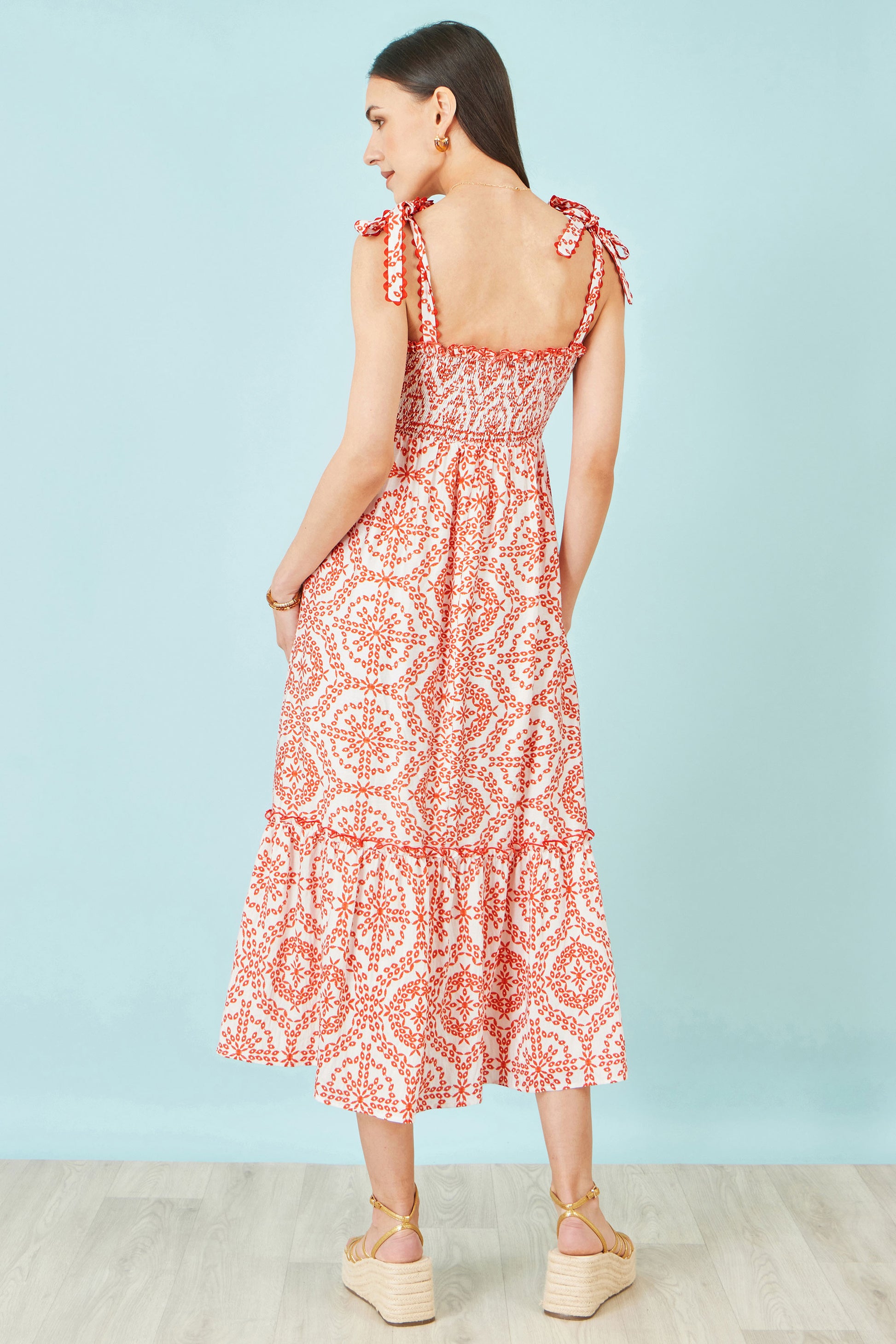 Yumi Red Viscose Ruched Tie Strap Midi Sun Dress Beachwear Yumi