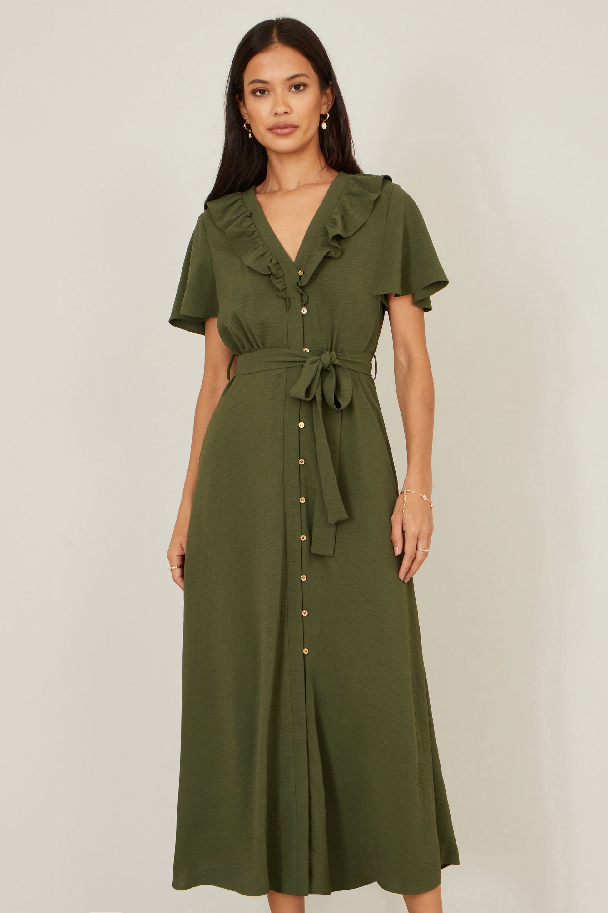 Yumi Green Ruffle Collar Midi Shirt Dress Dress Casual Yumi