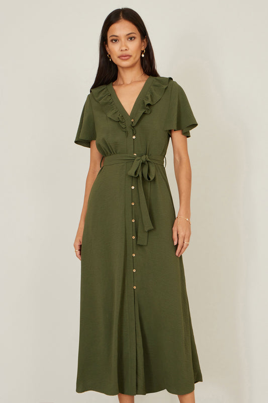 Yumi Green Ruffle Collar Midi Shirt Dress Dress Casual Yumi