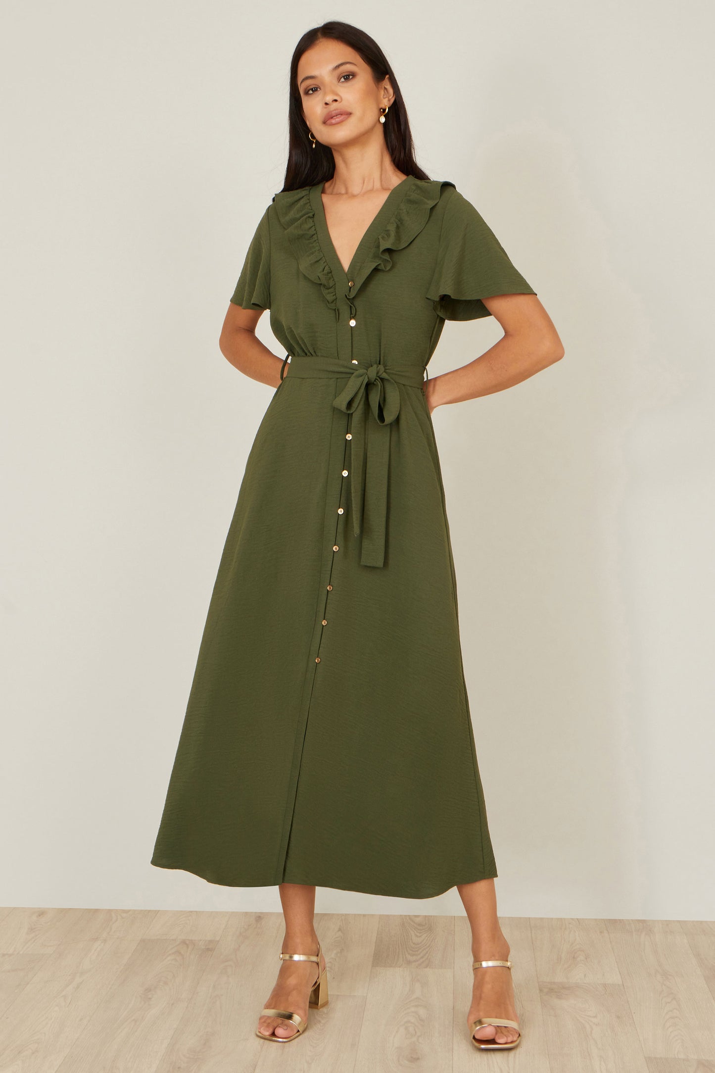 Yumi Green Ruffle Collar Midi Shirt Dress Dress Casual Yumi