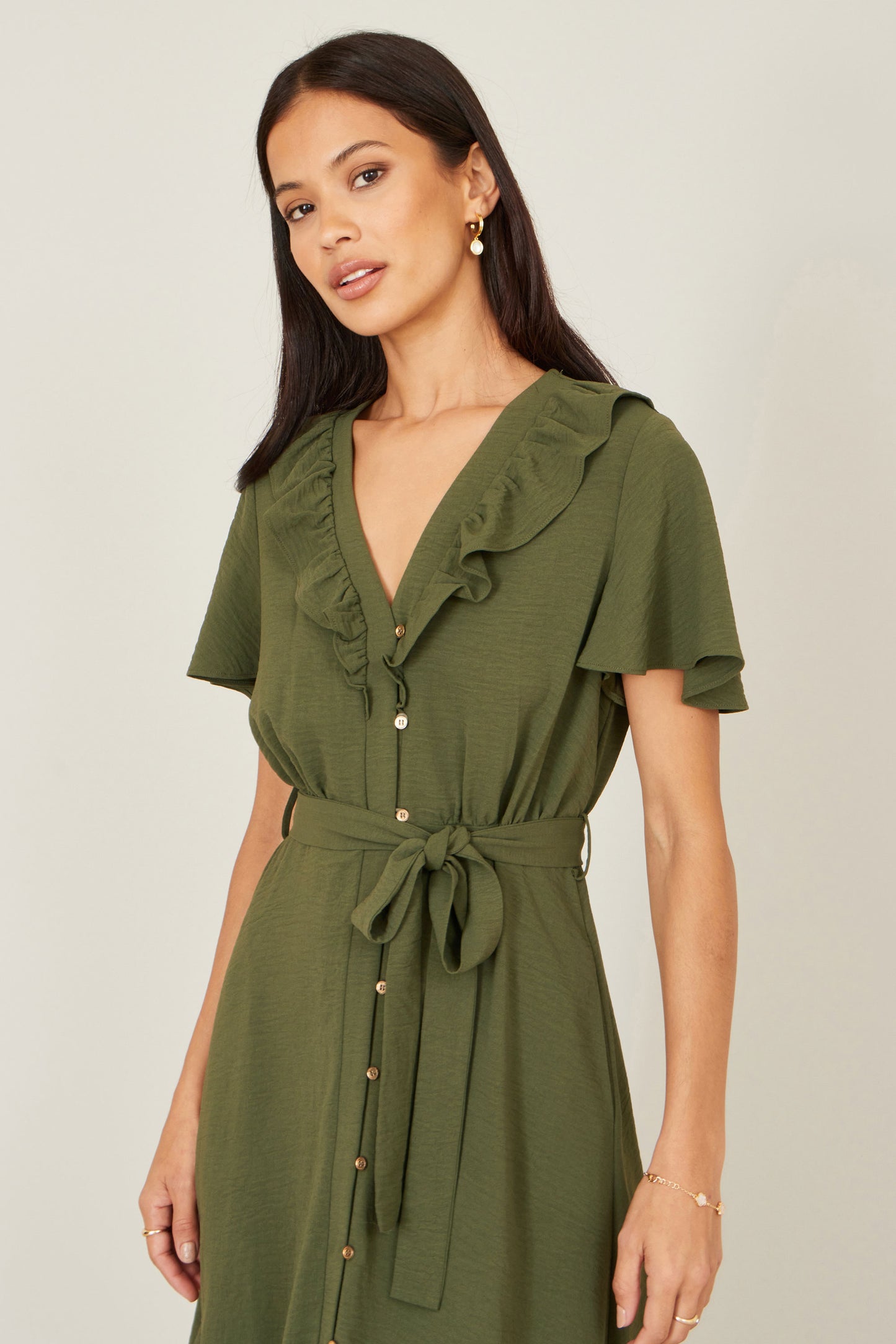 Yumi Green Ruffle Collar Midi Shirt Dress Dress Casual Yumi