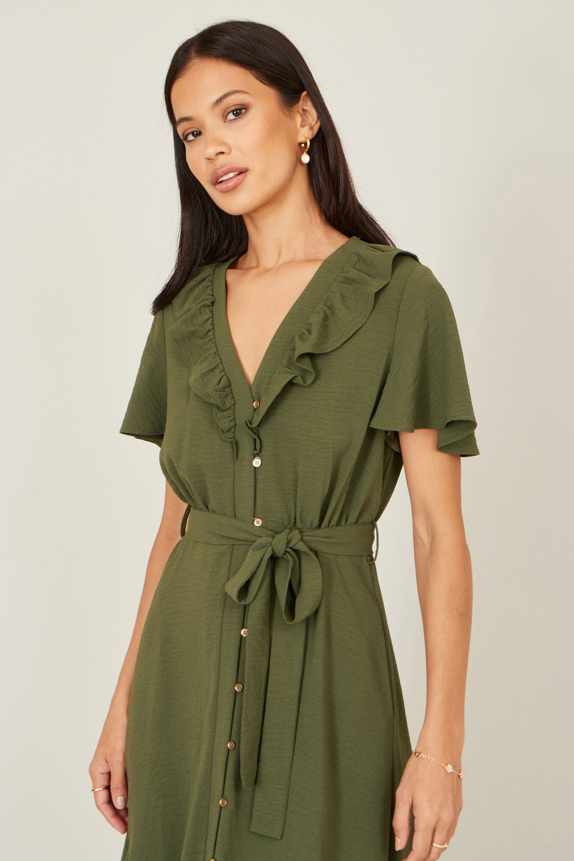 Yumi Green Ruffle Collar Midi Shirt Dress Dress Casual Yumi