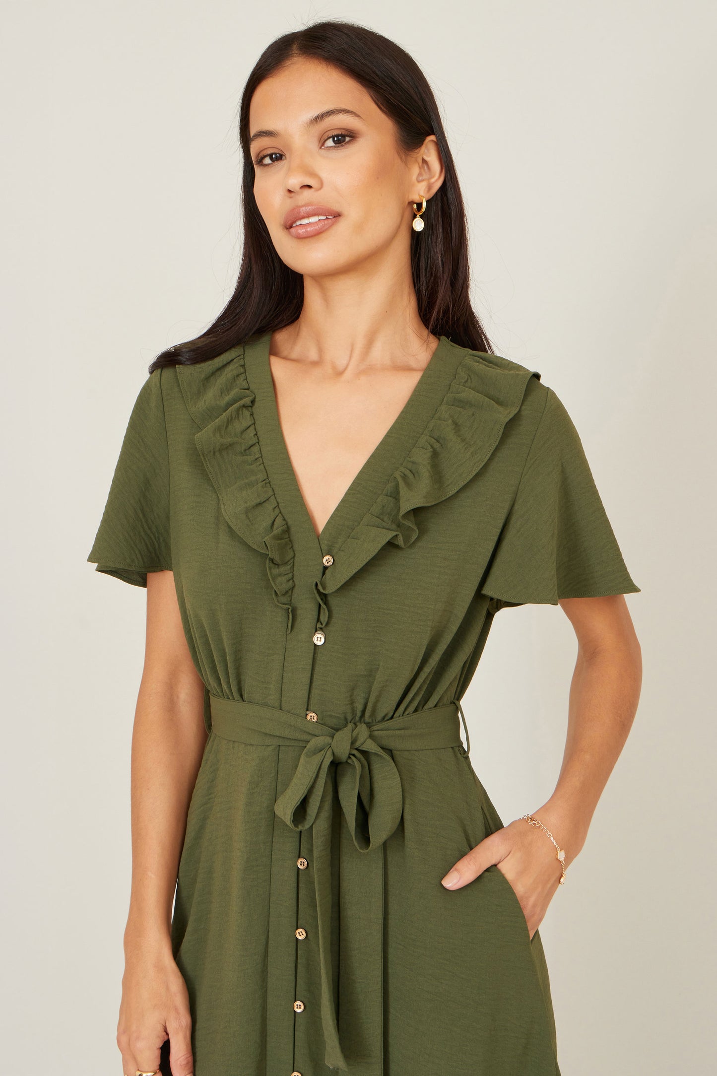 Yumi Green Ruffle Collar Midi Shirt Dress Dress Casual Yumi