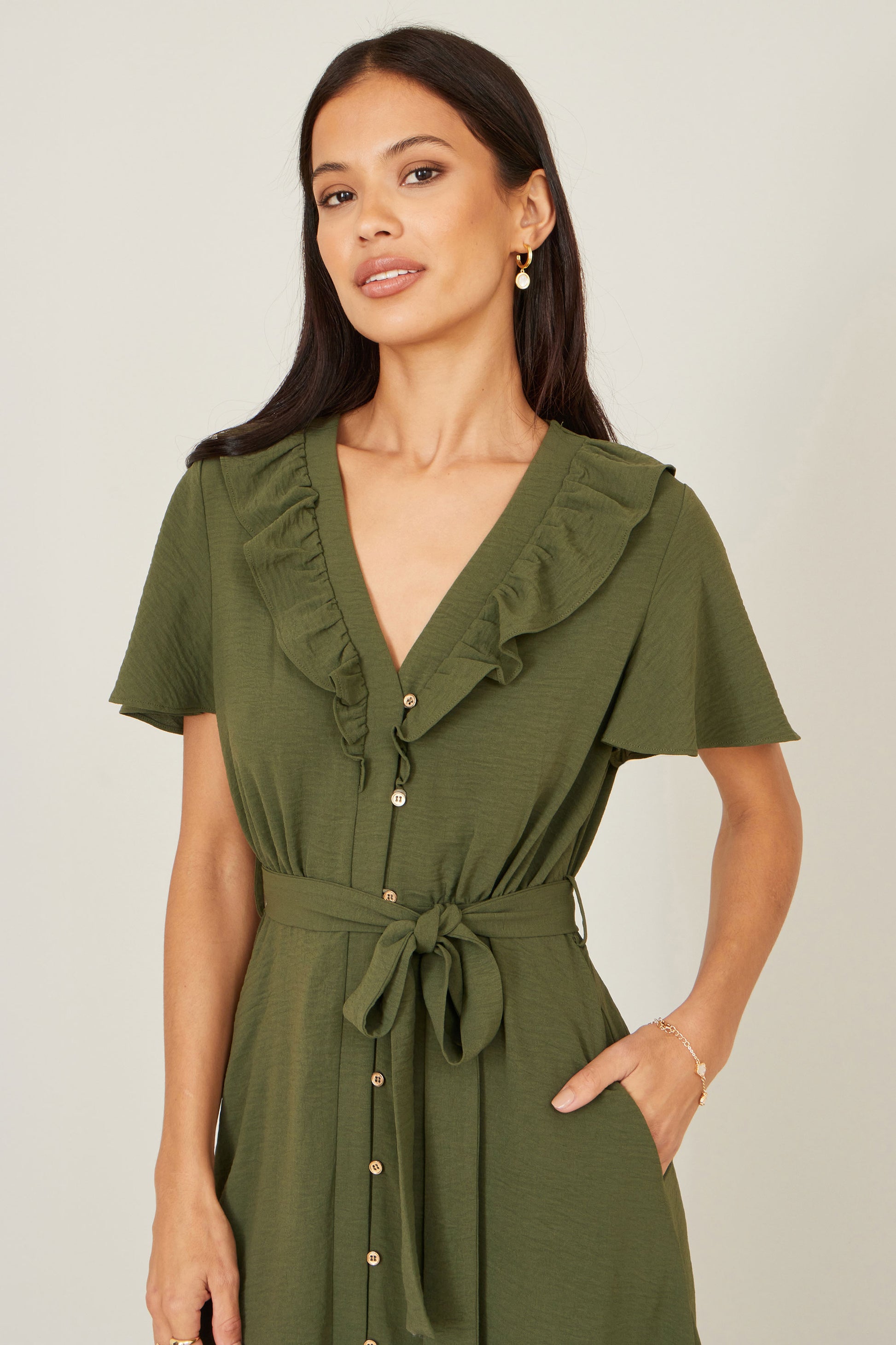 Yumi Green Ruffle Collar Midi Shirt Dress Dress Casual Yumi