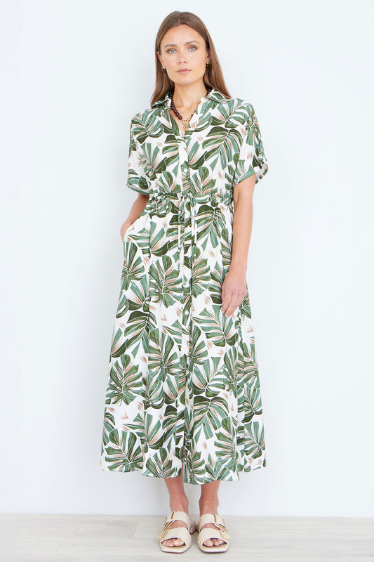 Yumi Green Viscose Leaf Print Relaxed Midi Dress Dress Casual Yumi