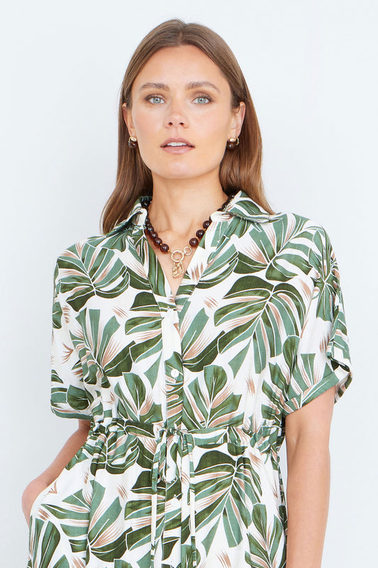 Yumi Green Viscose Leaf Print Relaxed Midi Dress Dress Casual Yumi