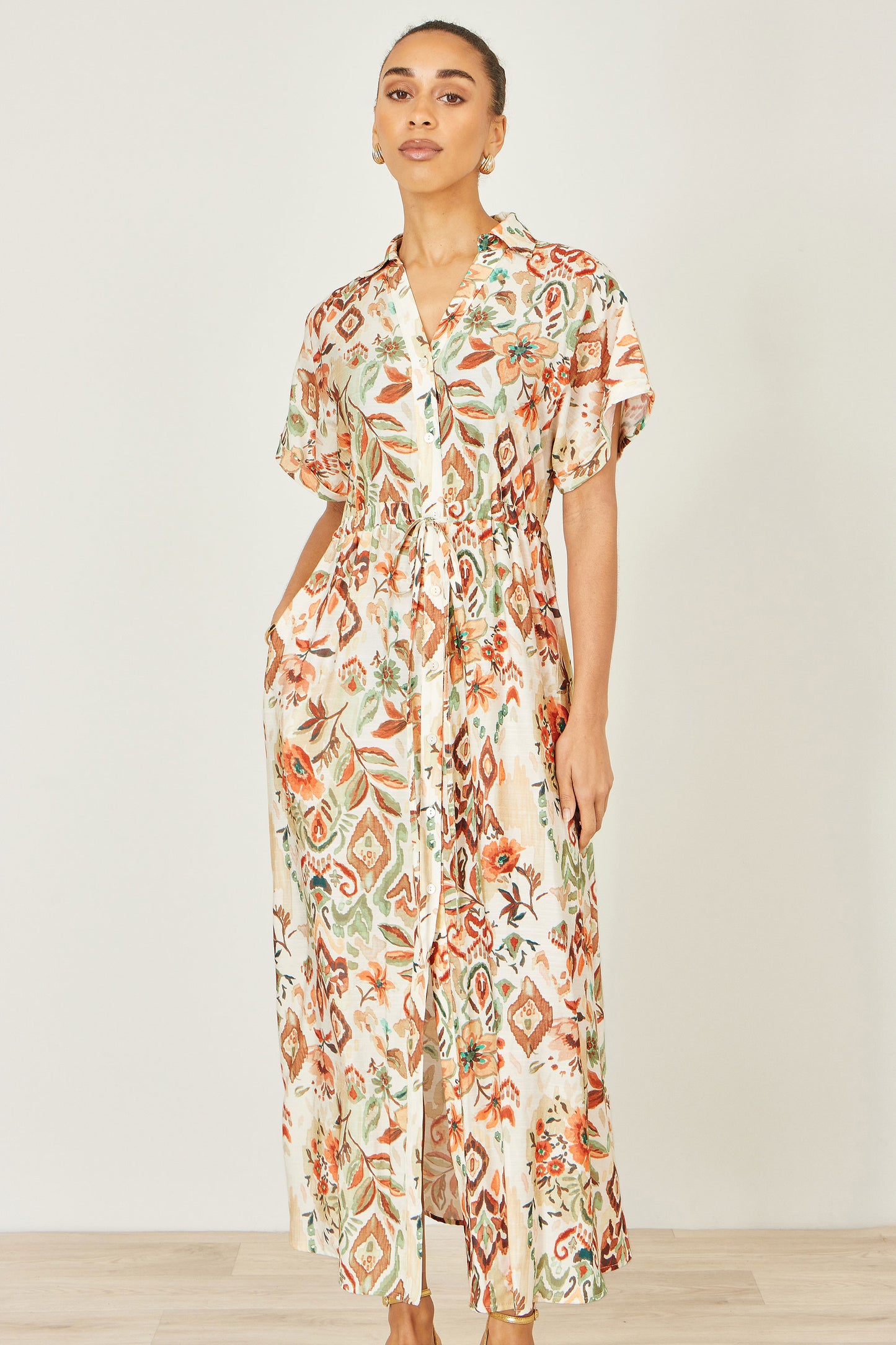 Yumi Ivory Viscose Relaxed Boho Print Maxi Shirt Dress Dress Casual Yumi