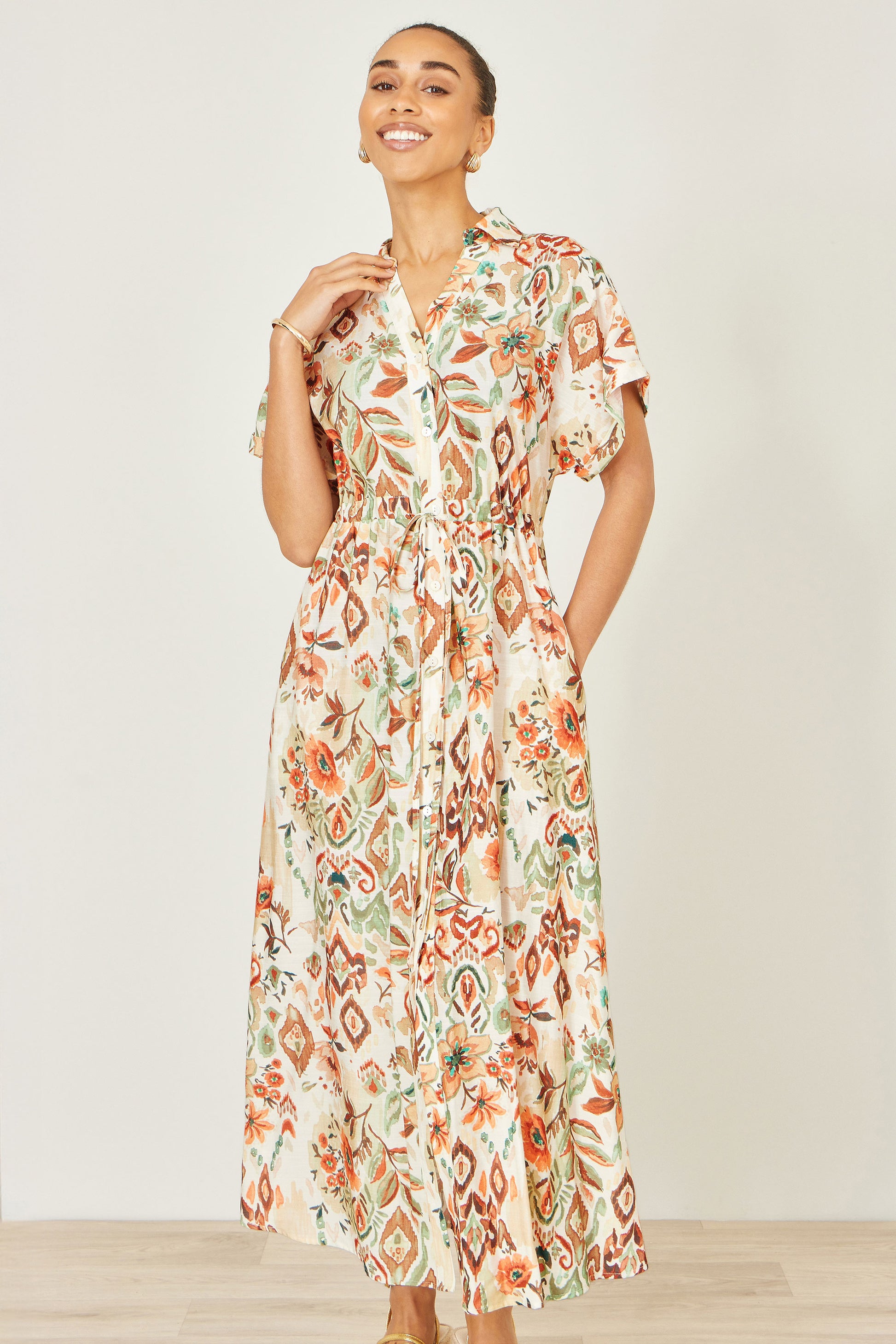 Yumi Ivory Viscose Relaxed Boho Print Maxi Shirt Dress Dress Casual Yumi