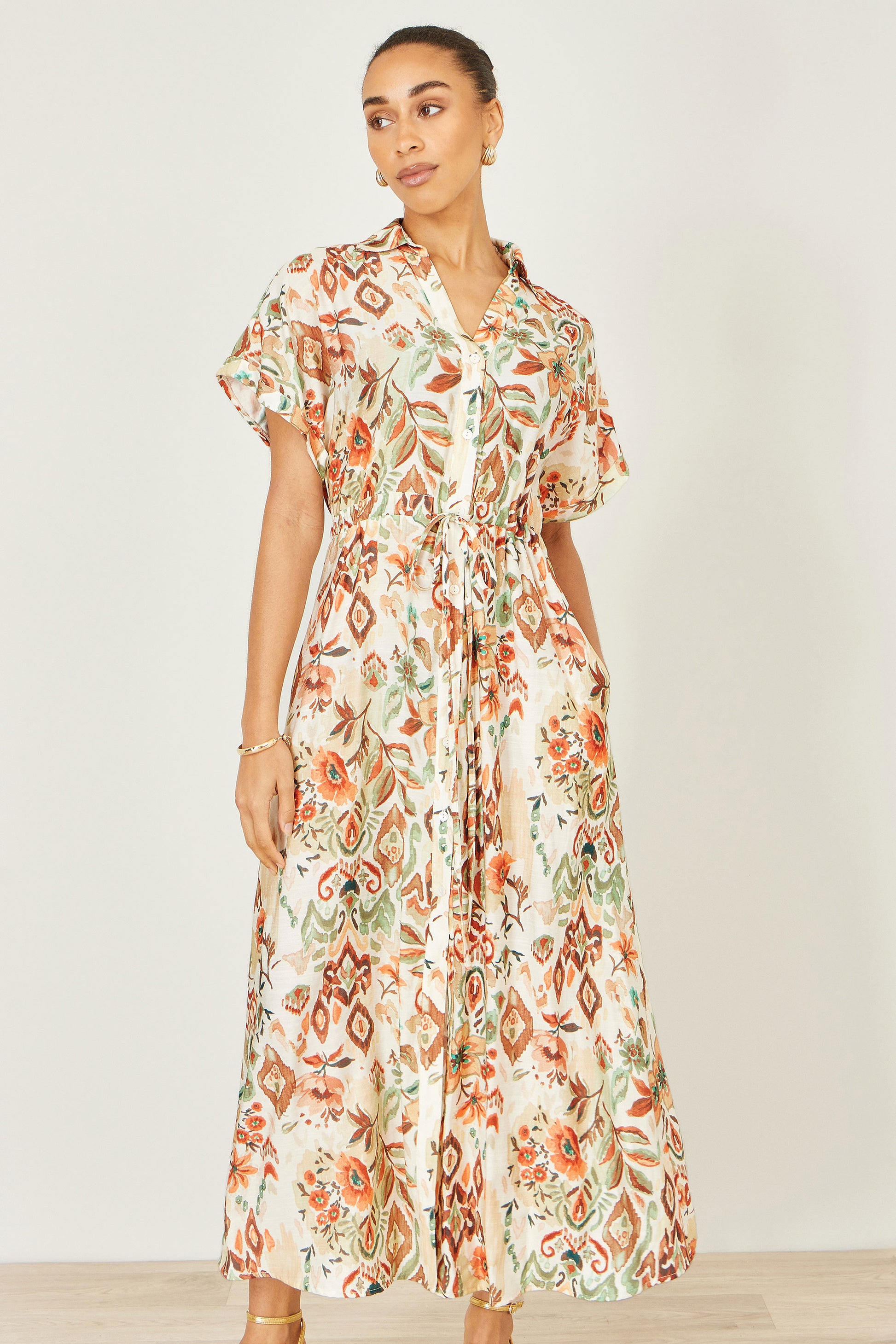 Yumi Ivory Viscose Relaxed Boho Print Maxi Shirt Dress Dress Casual Yumi