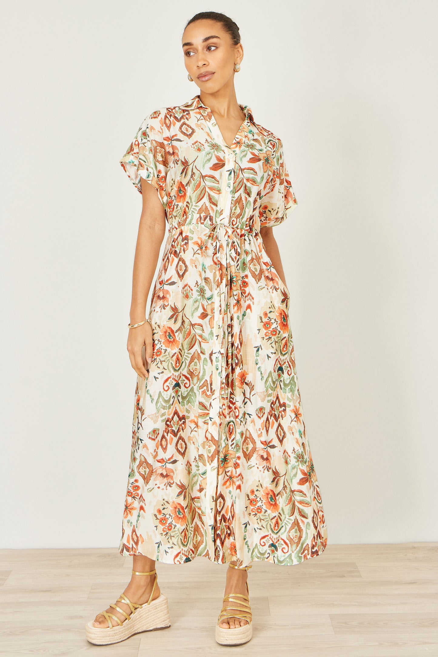 Yumi Ivory Viscose Relaxed Boho Print Maxi Shirt Dress Dress Casual Yumi