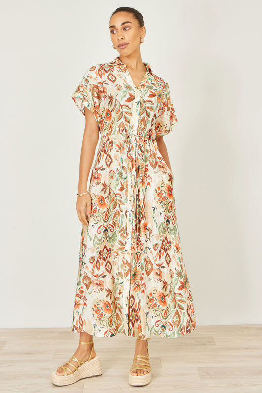 Yumi Ivory Viscose Relaxed Boho Print Maxi Shirt Dress Dress Casual Yumi