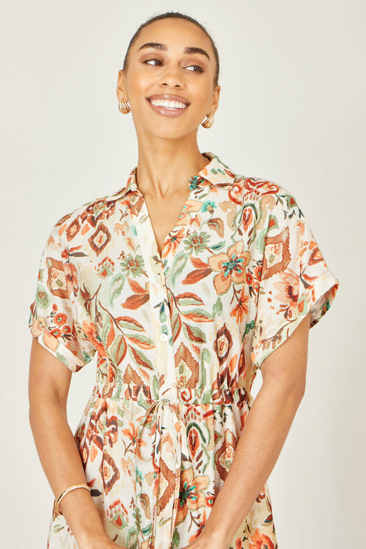 Yumi Ivory Viscose Relaxed Boho Print Maxi Shirt Dress Dress Casual Yumi