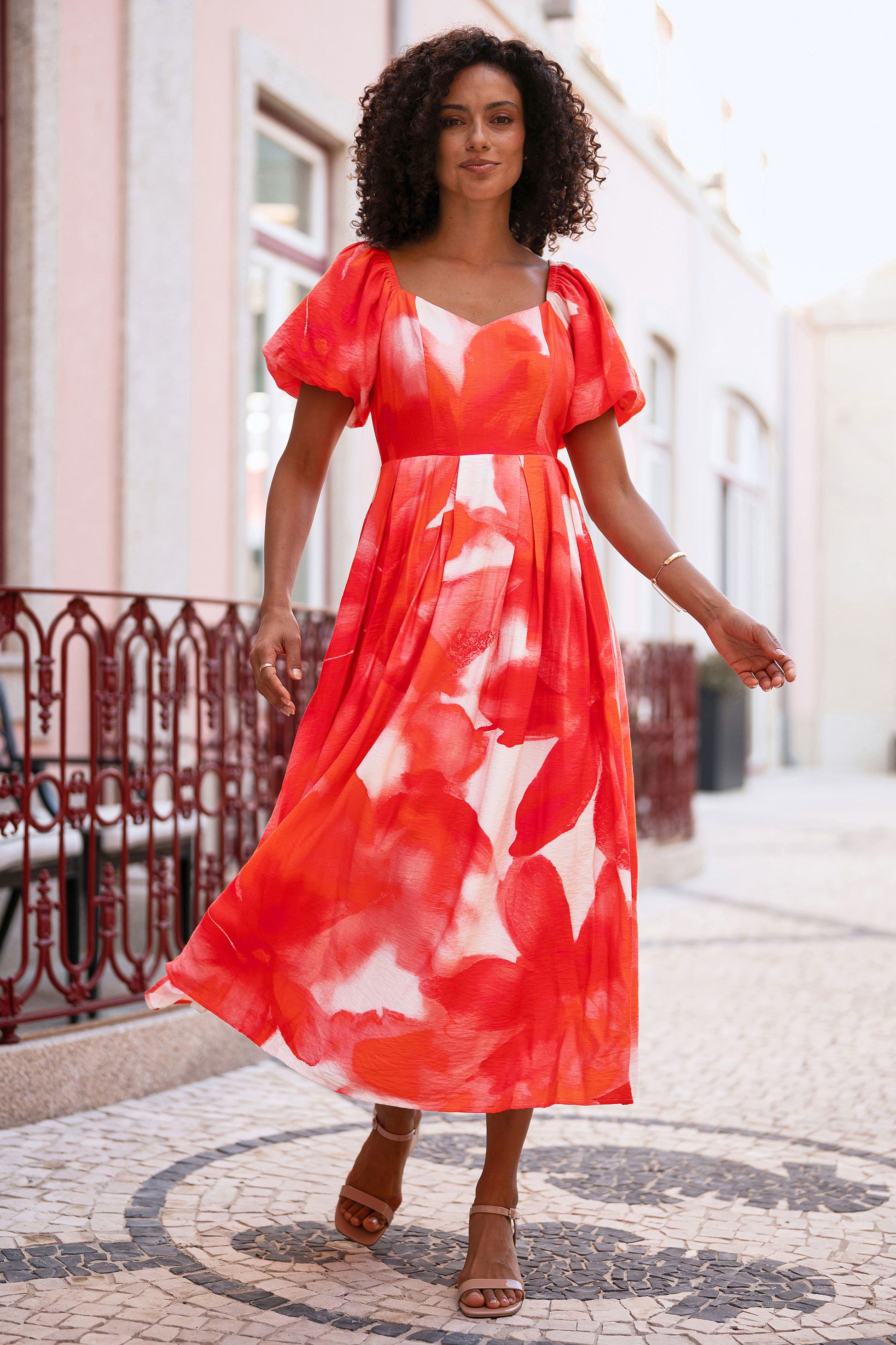 Yumi Red Viscose Floral Midi Dress With Puff Sleeves Dress Occasion Yumi