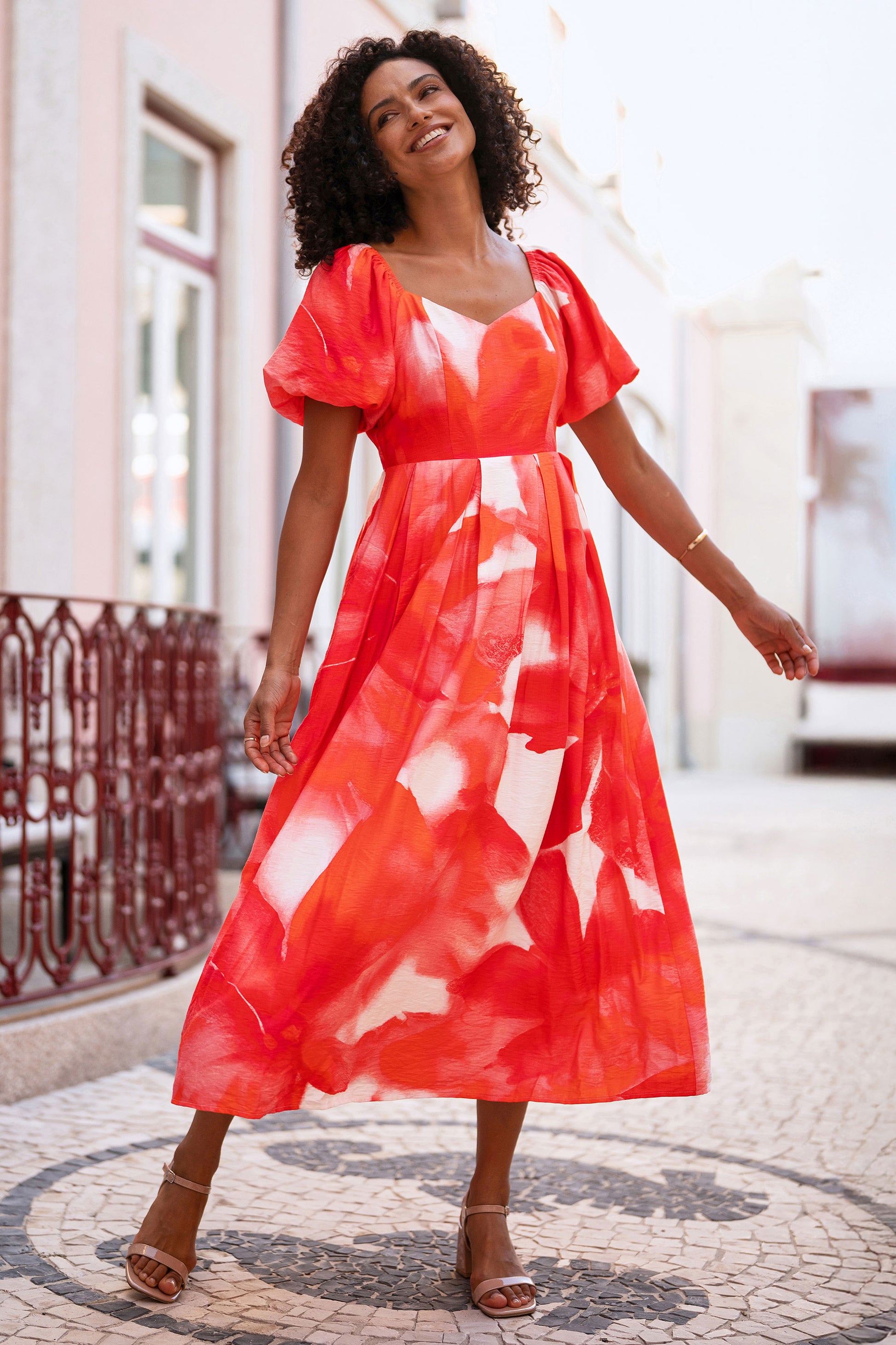 Yumi Red Viscose Floral Midi Dress With Puff Sleeves Dress Occasion Yumi