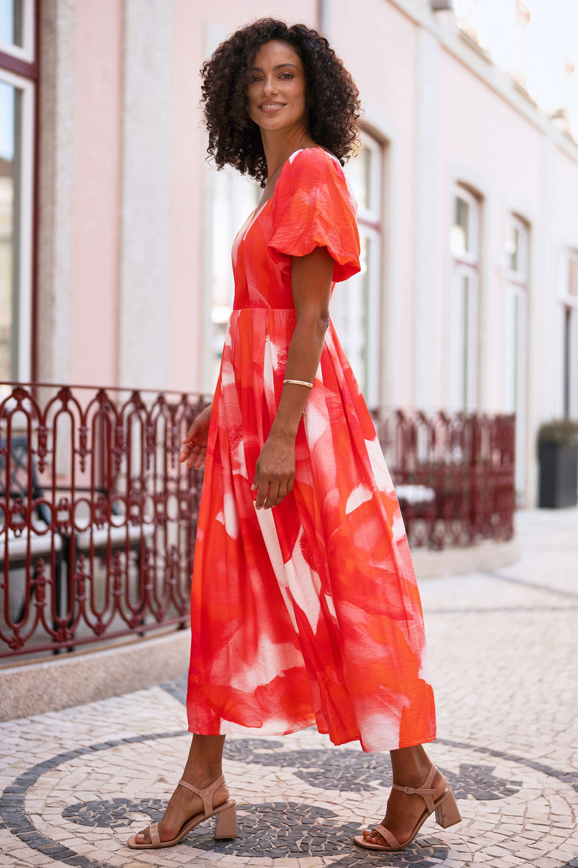 Yumi Red Viscose Floral Midi Dress With Puff Sleeves Dress Occasion Yumi