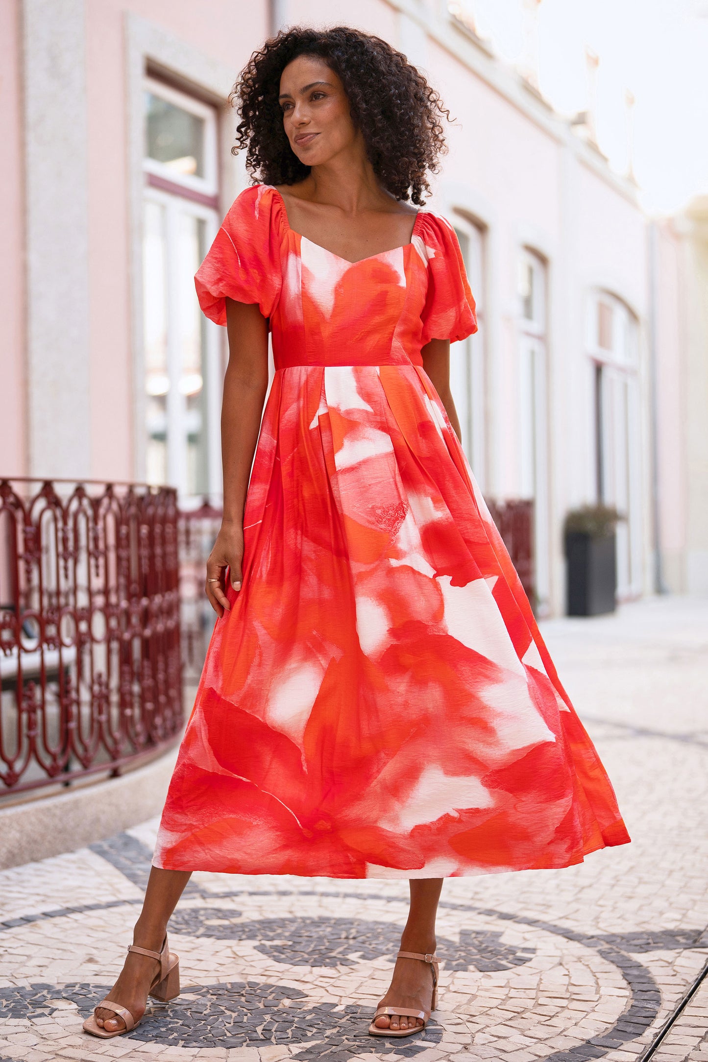 Yumi Red Viscose Floral Midi Dress With Puff Sleeves Dress Occasion Yumi