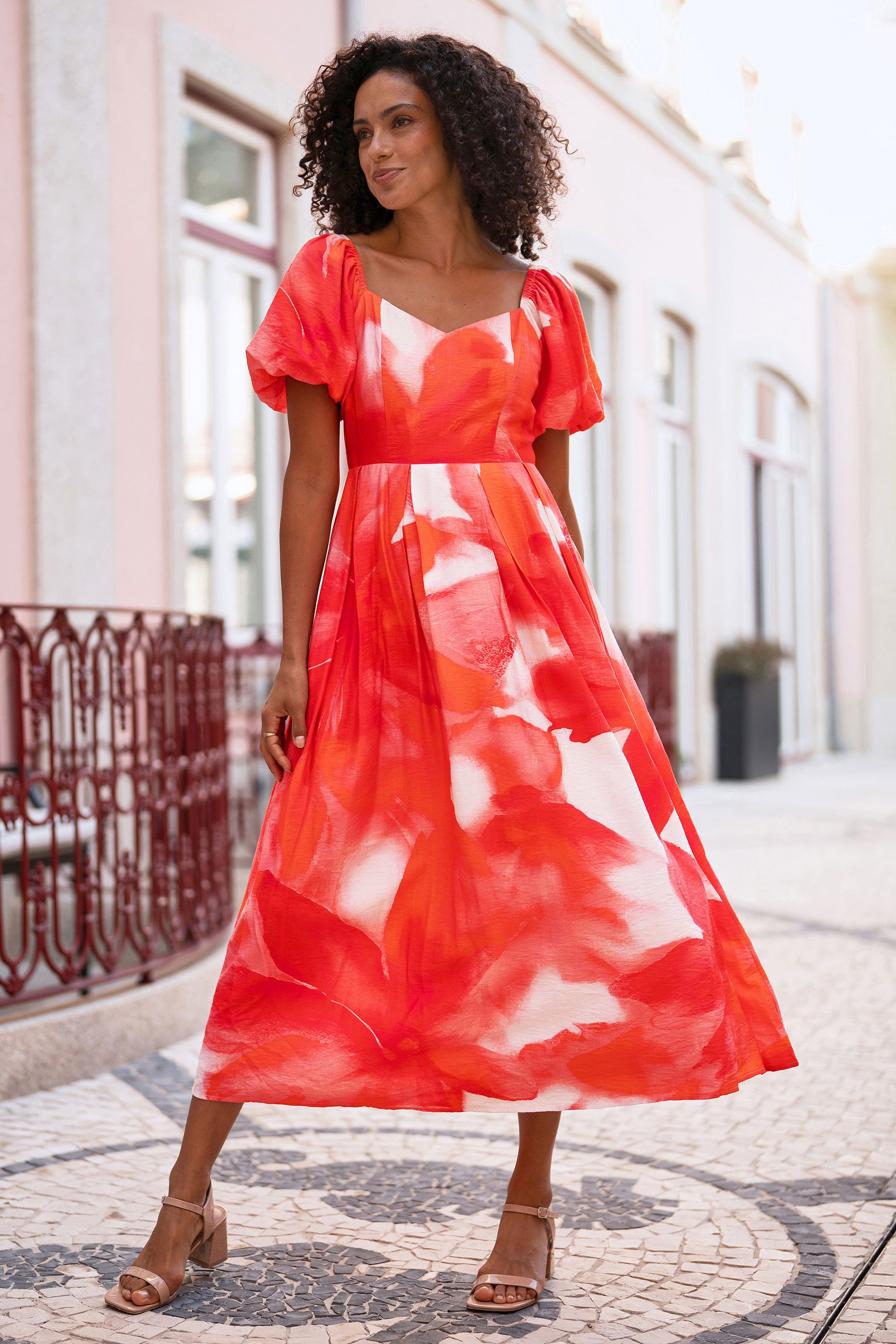 Yumi Red Viscose Floral Midi Dress With Puff Sleeves Dress Occasion Yumi