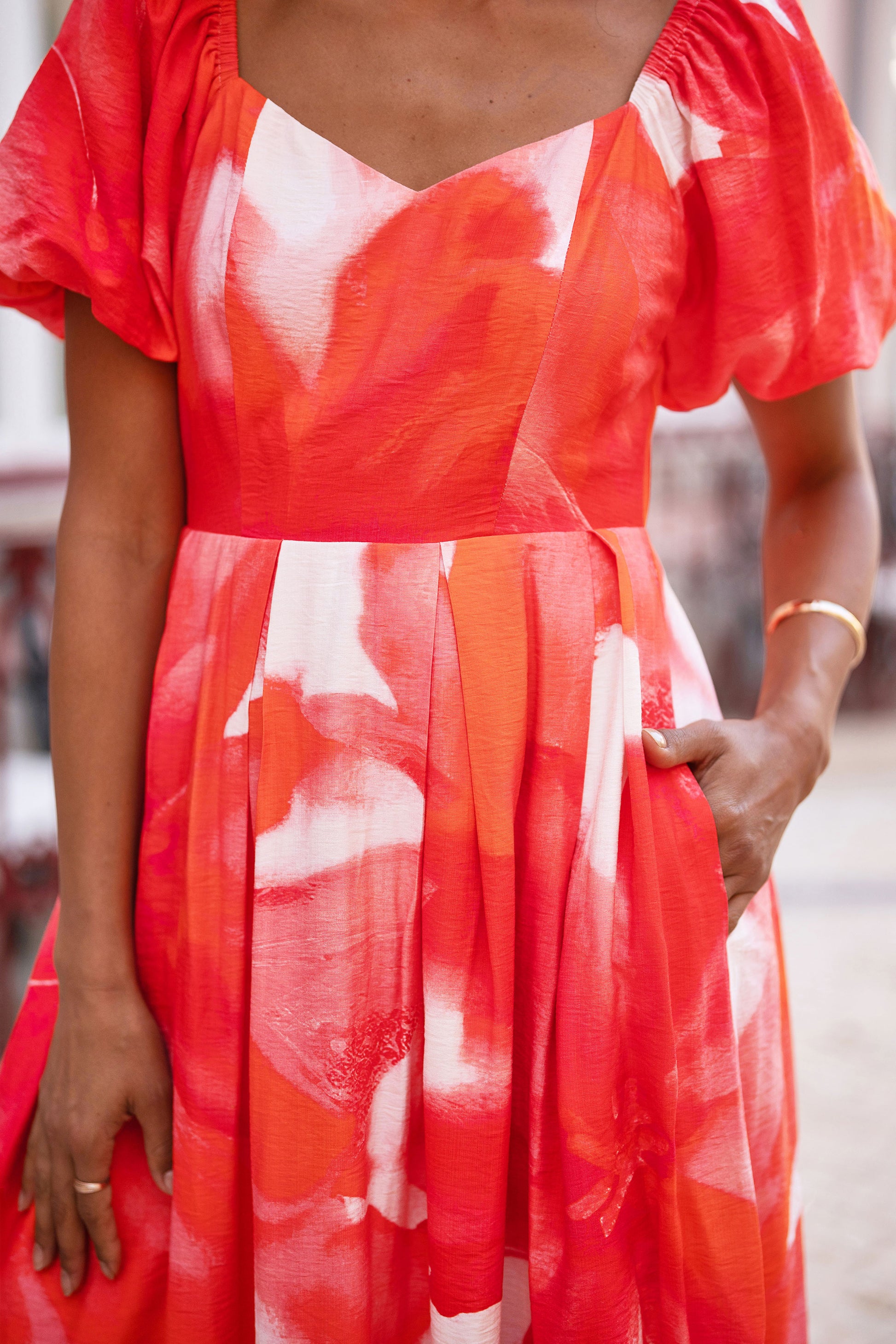 Yumi Red Viscose Floral Midi Dress With Puff Sleeves Dress Occasion Yumi