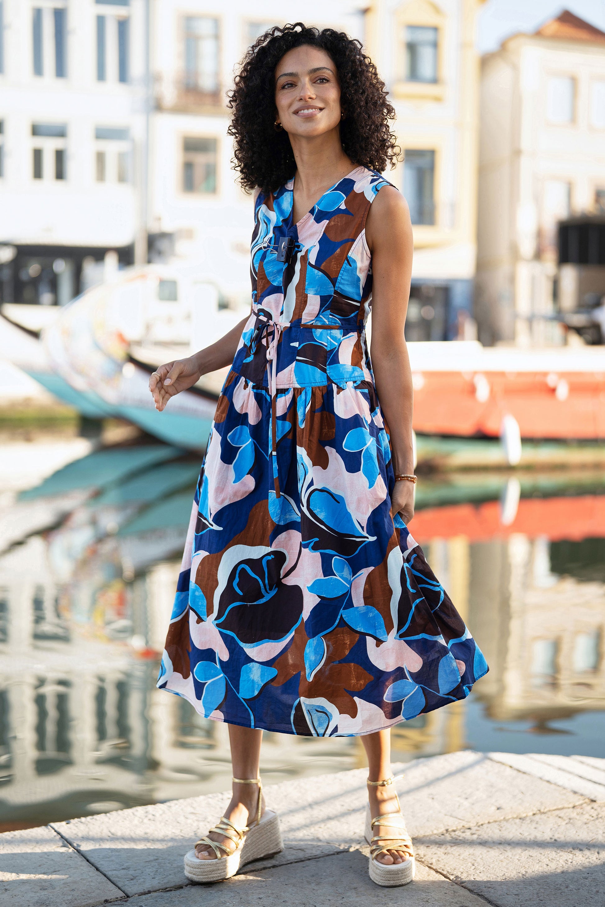 Yumi Blue Cotton Floral Abstract Dropped Waist Midi Dress | Yumi Yumi Blue Cotton Floral Abstract Dropped Waist Midi Dress | Yumi