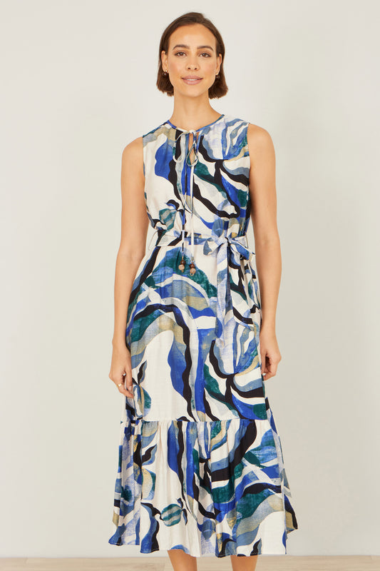 Yumi Blue Viscose Swirl Print Midi Dress Dress Casual Yumi