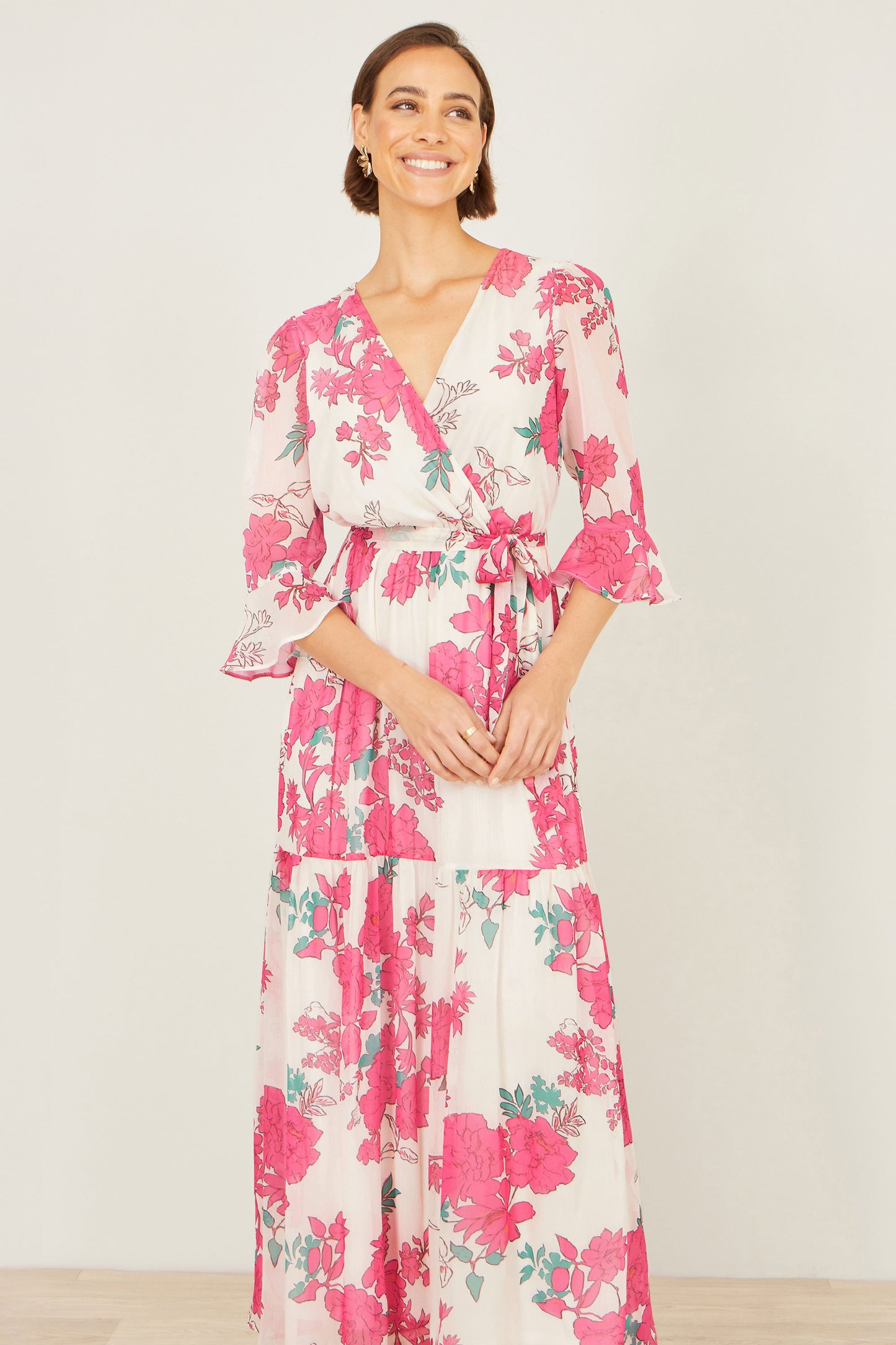 Yumi Pink Blossom Print Maxi Wrap Dress Dress Occasion Yumi