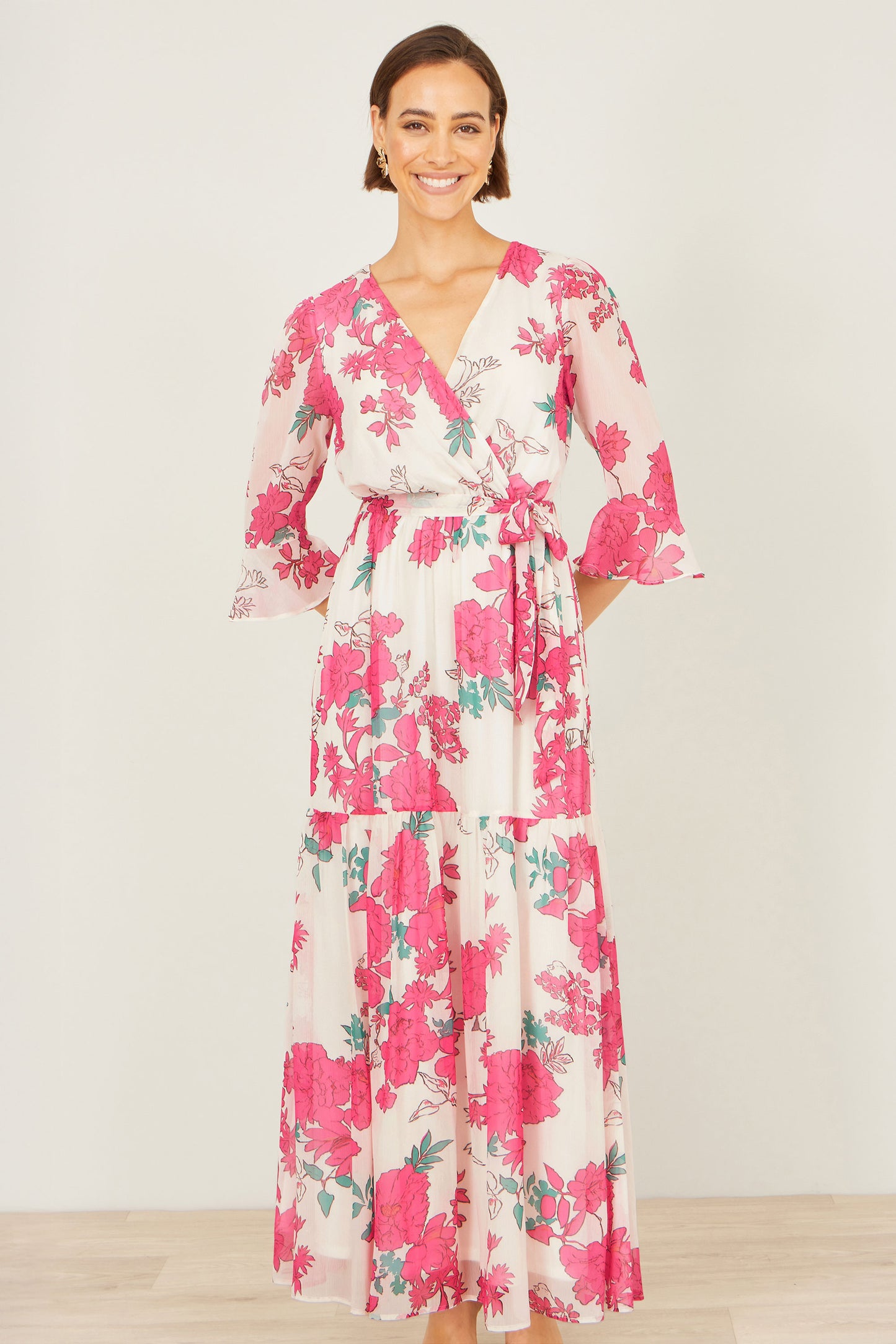 Yumi Pink Blossom Print Maxi Wrap Dress Dress Occasion Yumi