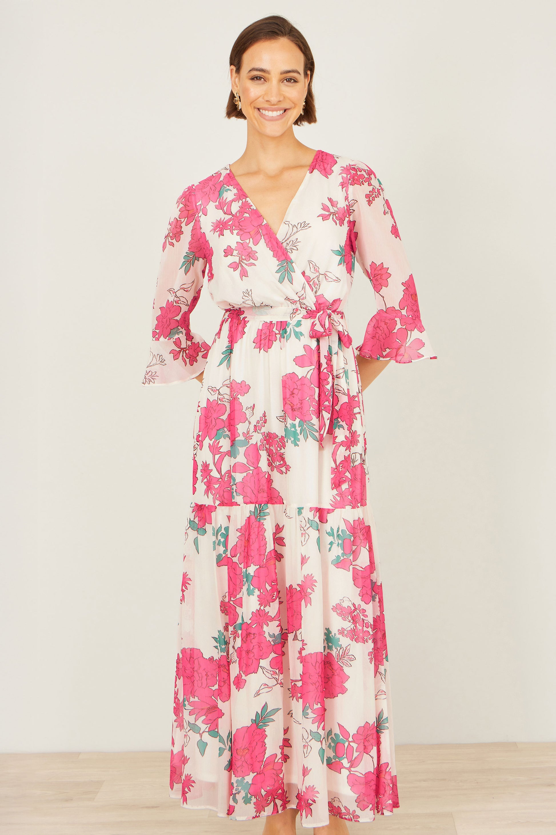 Yumi Pink Blossom Print Maxi Wrap Dress Dress Occasion Yumi