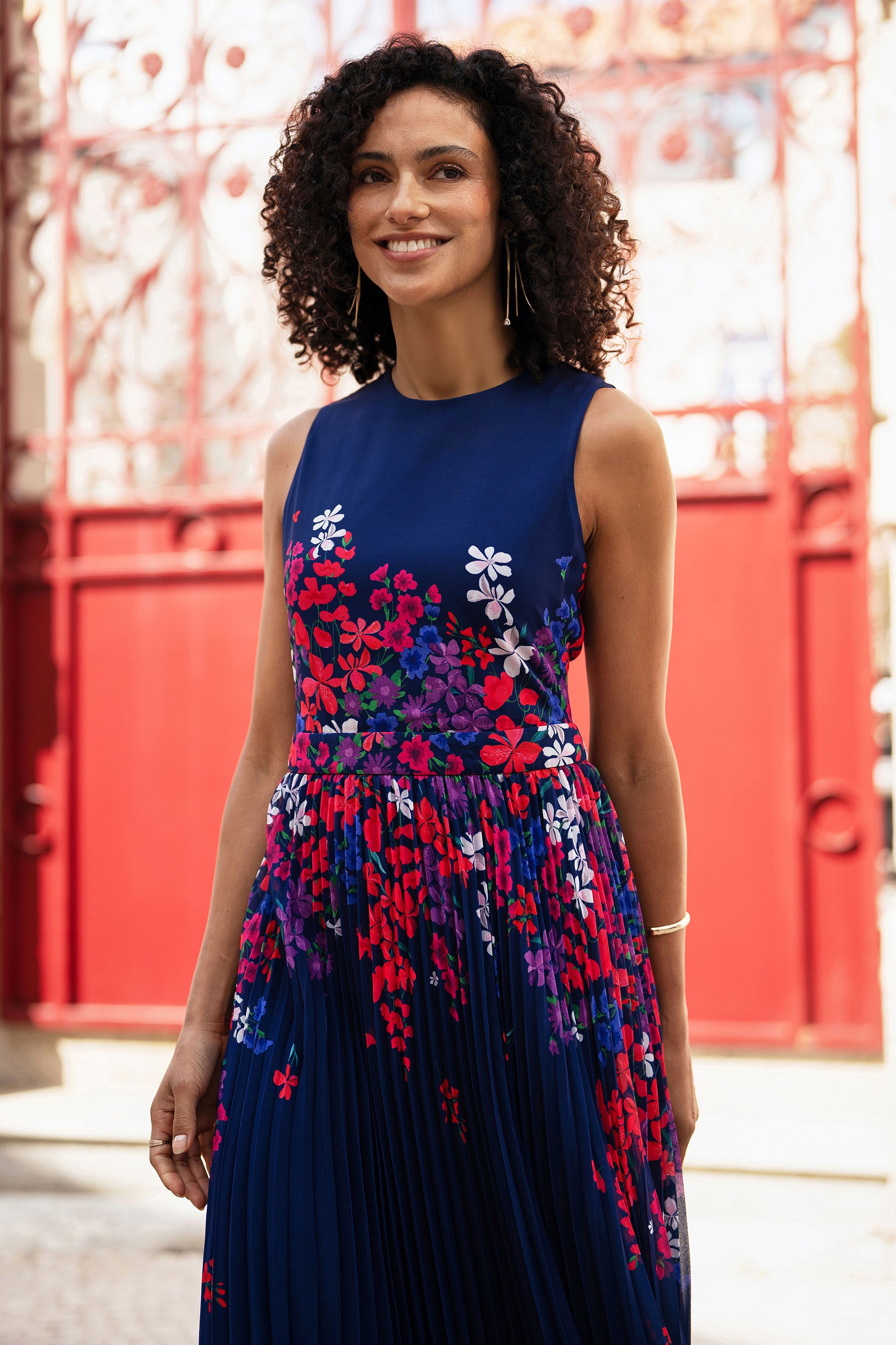 Yumi Navy Border Floral Print Midi Dress With Pleats Dress Occasion Yumi
