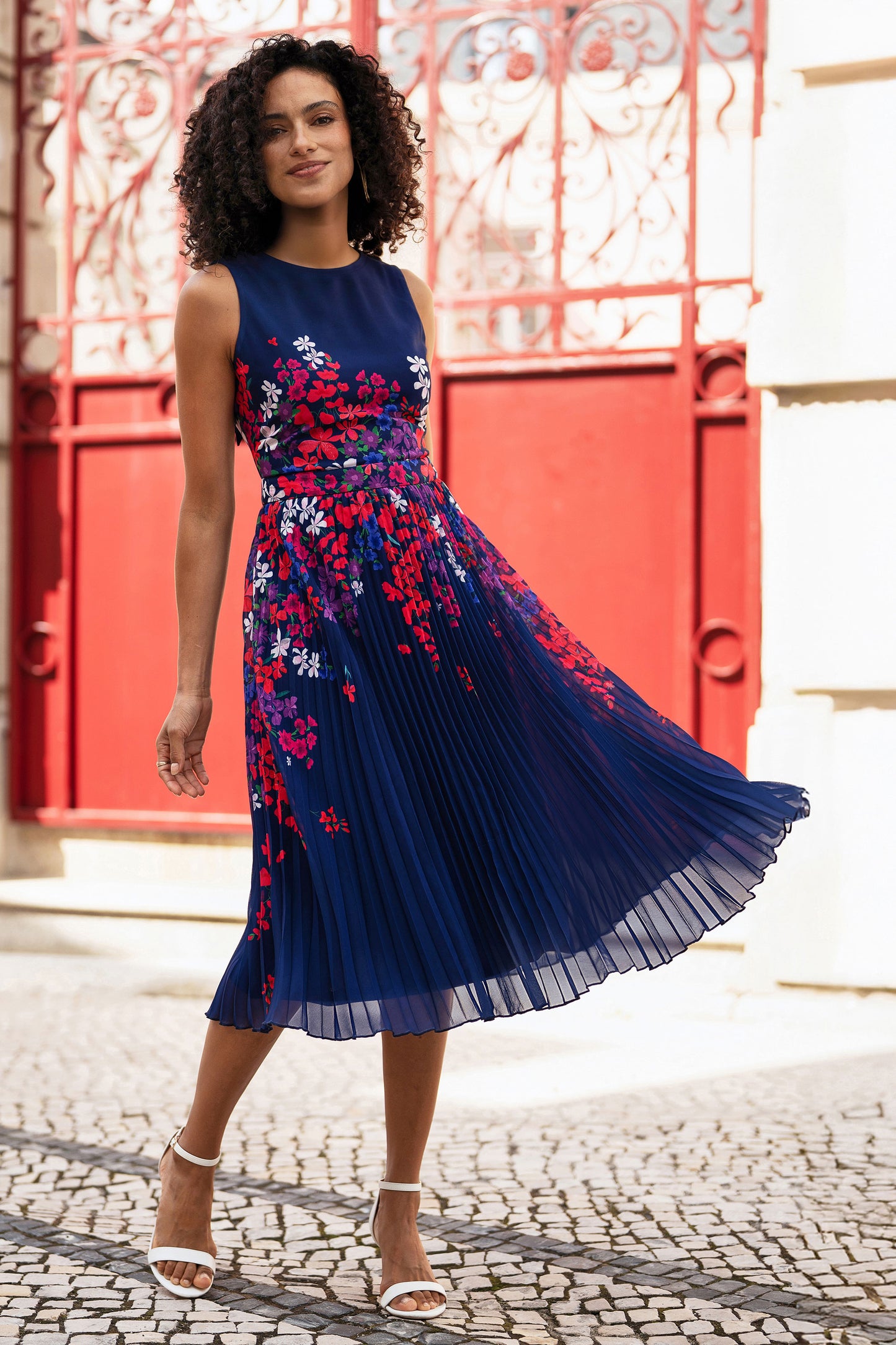 Yumi Navy Border Floral Print Midi Dress With Pleats Dress Occasion Yumi