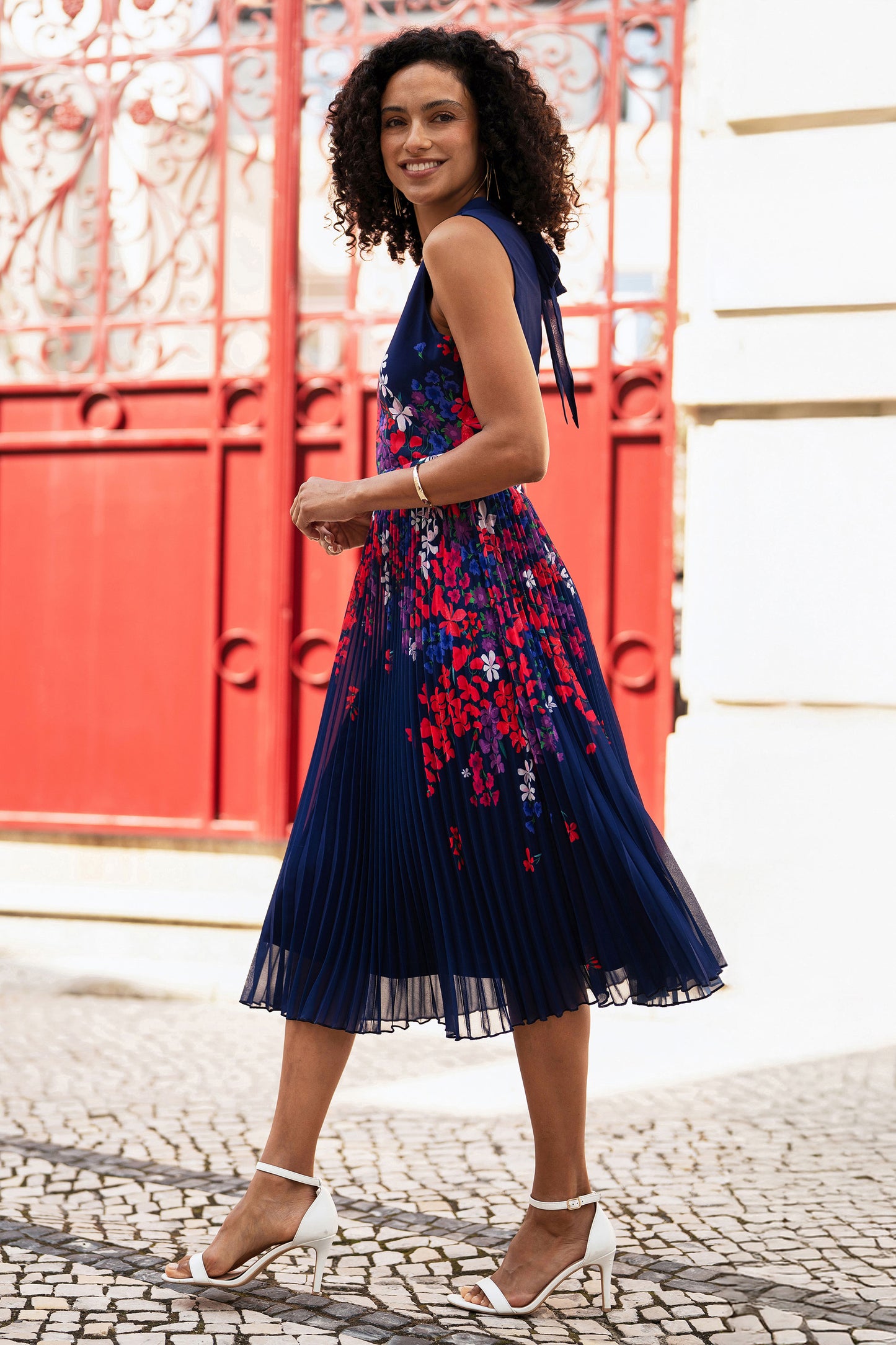 Yumi Navy Border Floral Print Midi Dress With Pleats Dress Occasion Yumi