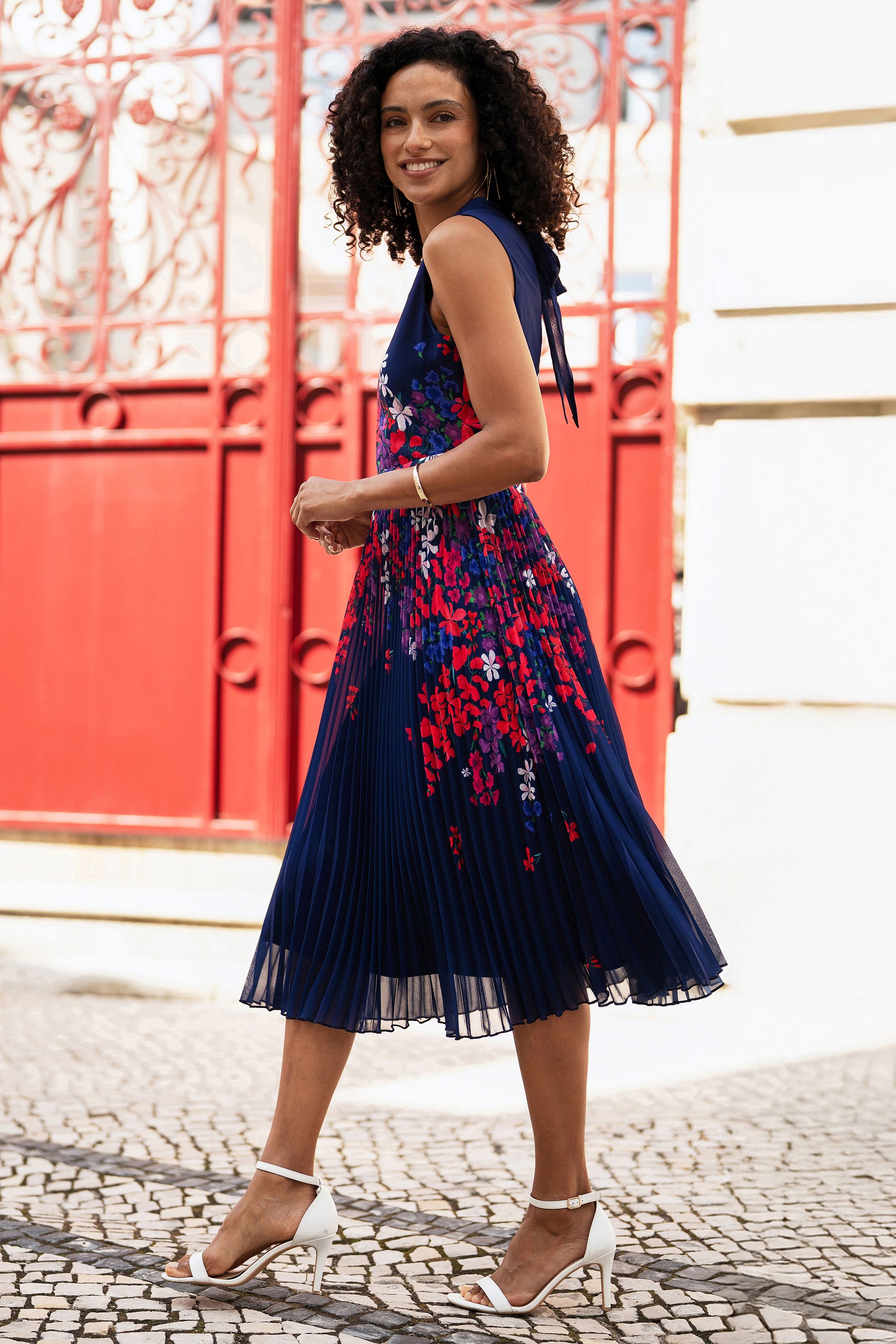 Yumi Navy Border Floral Print Midi Dress With Pleats Dress Occasion Yumi