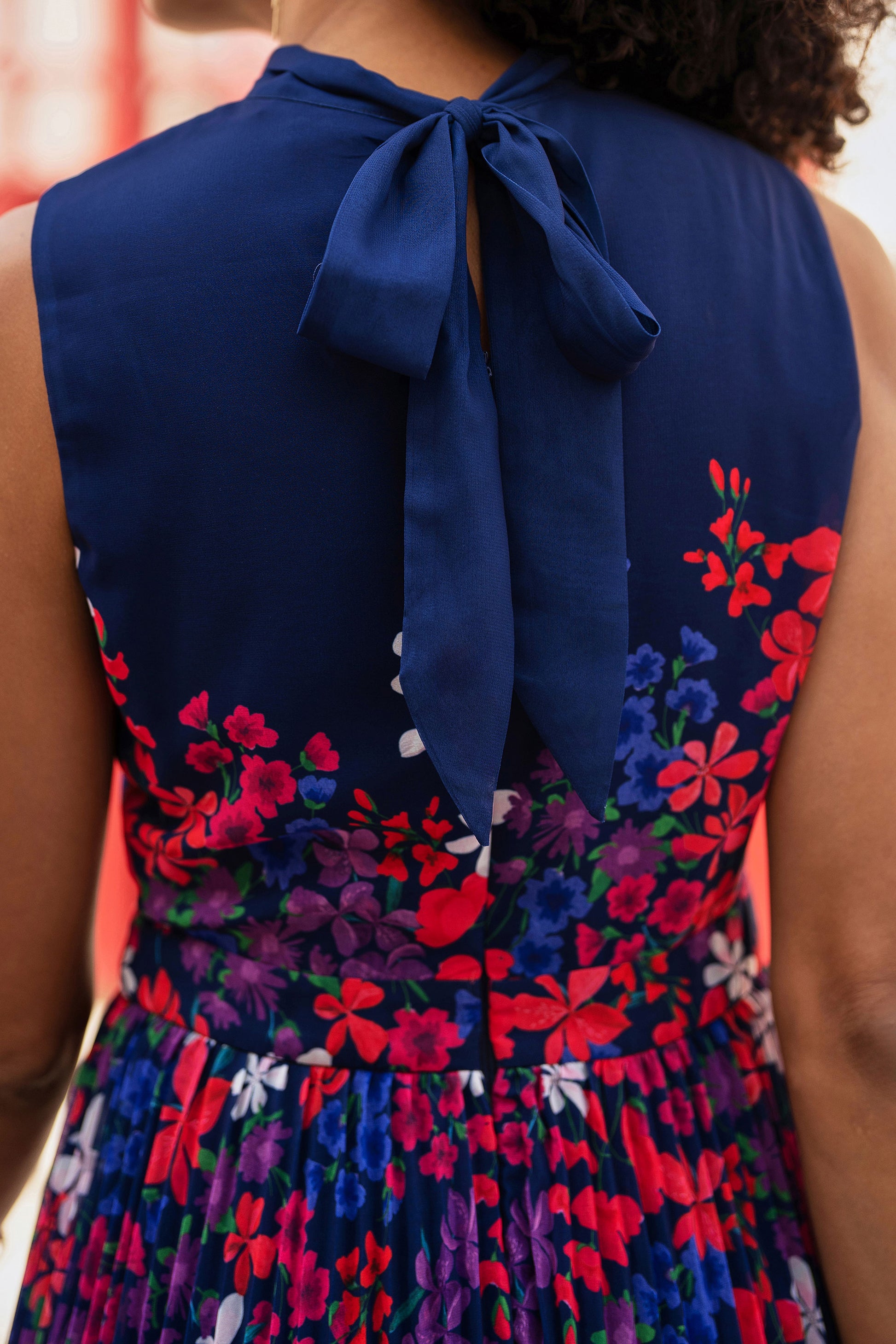 Yumi Navy Border Floral Print Midi Dress With Pleats Dress Occasion Yumi