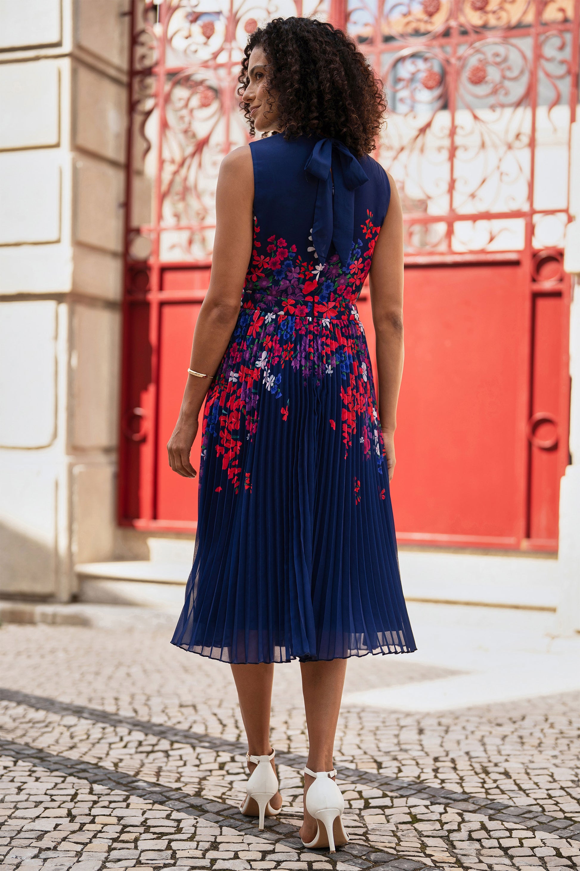 Yumi Navy Border Floral Print Midi Dress With Pleats Dress Occasion Yumi