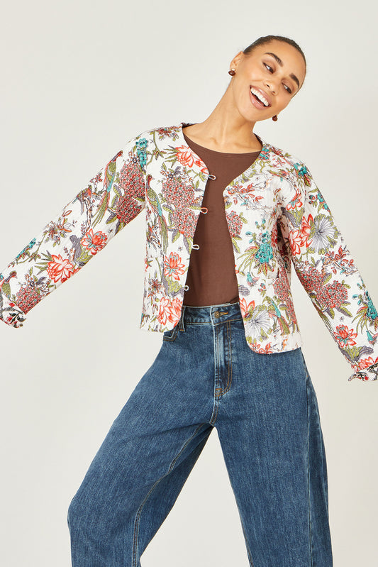 Yumi White Peacock Print Reversible Cotton Quilted Jacket JACKET Yumi