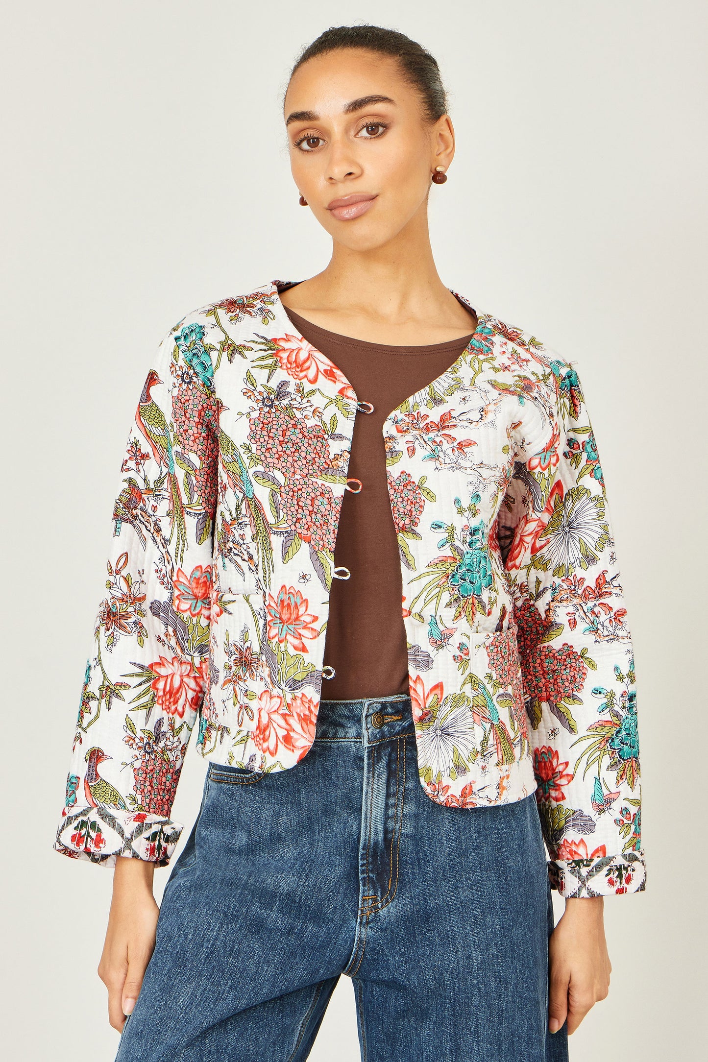 Yumi White Peacock Print Reversible Cotton Quilted Jacket JACKET Yumi
