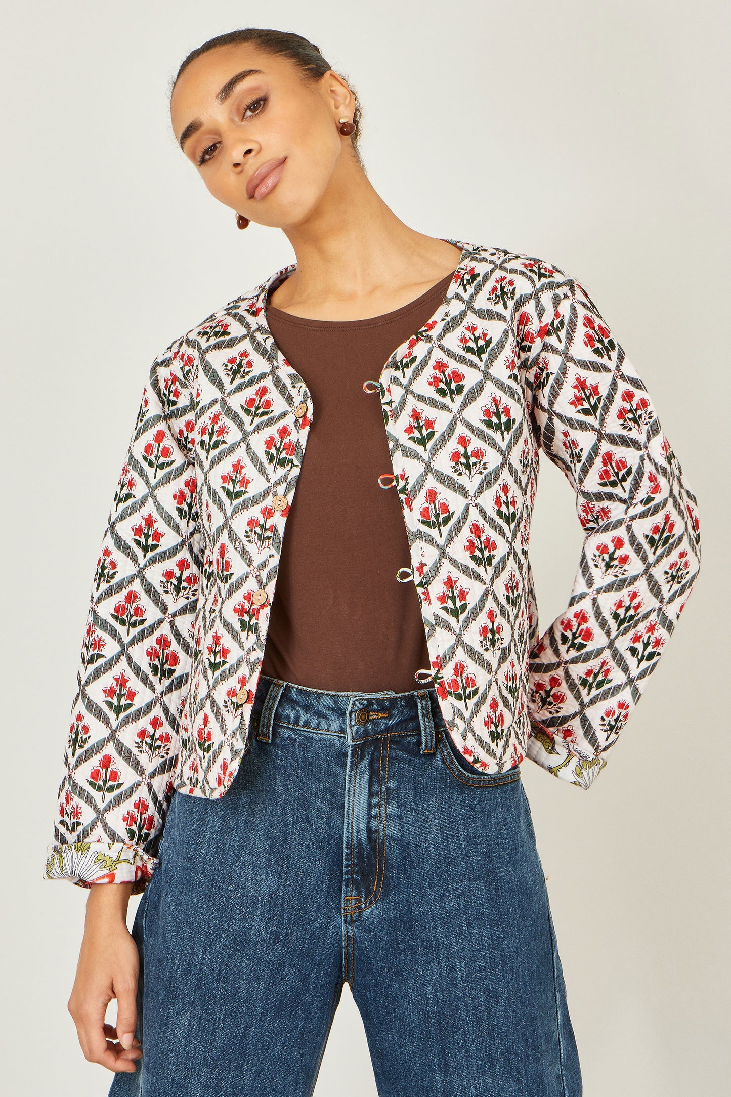 Yumi White Peacock Print Reversible Cotton Quilted Jacket JACKET Yumi