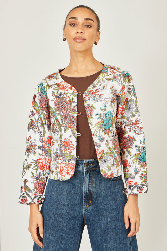Yumi White Peacock Print Reversible Cotton Quilted Jacket JACKET Yumi