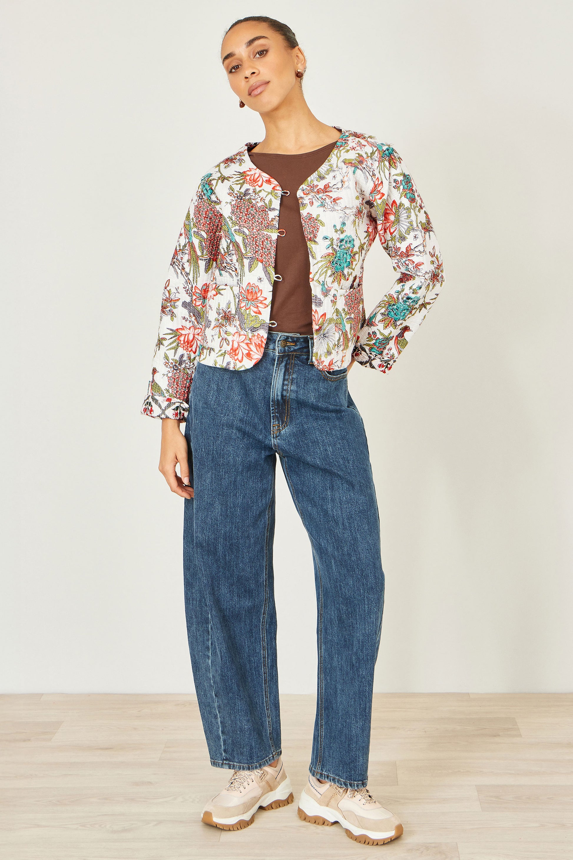 Yumi White Peacock Print Reversible Cotton Quilted Jacket JACKET Yumi