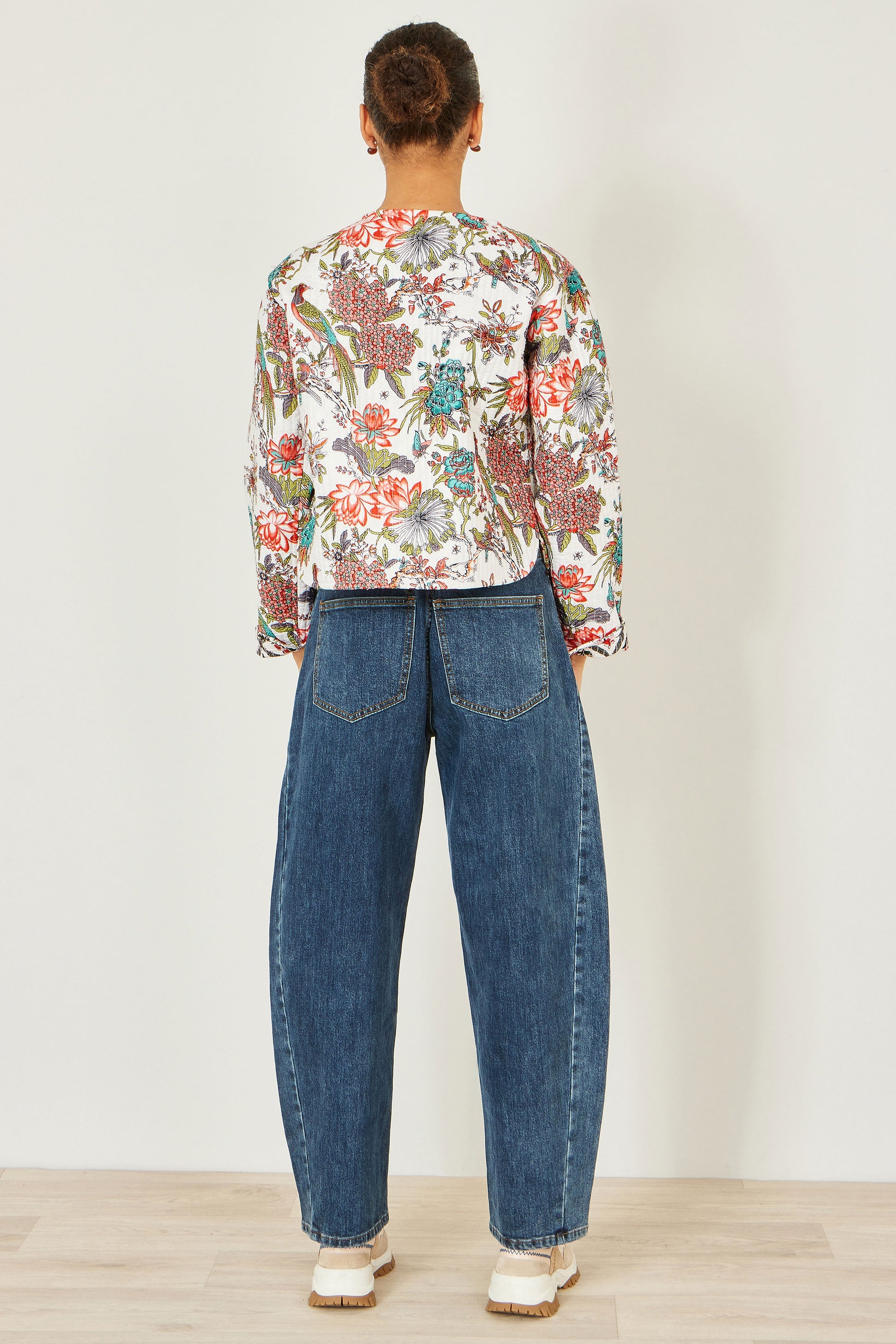 Yumi White Peacock Print Reversible Cotton Quilted Jacket JACKET Yumi