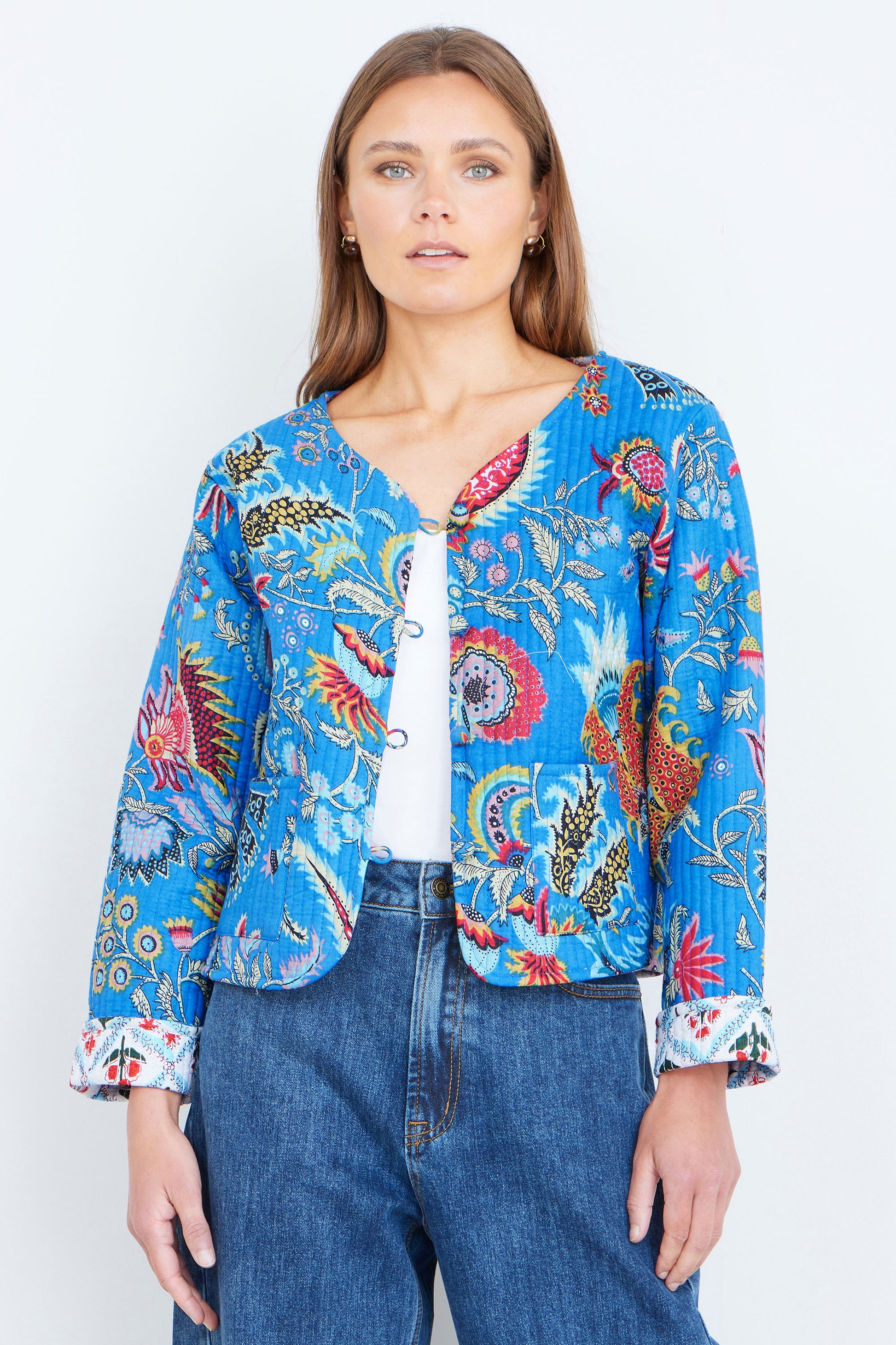 Yumi Blue Boho Print Cotton Reversible Quilted Jacket Outerwear Yumi