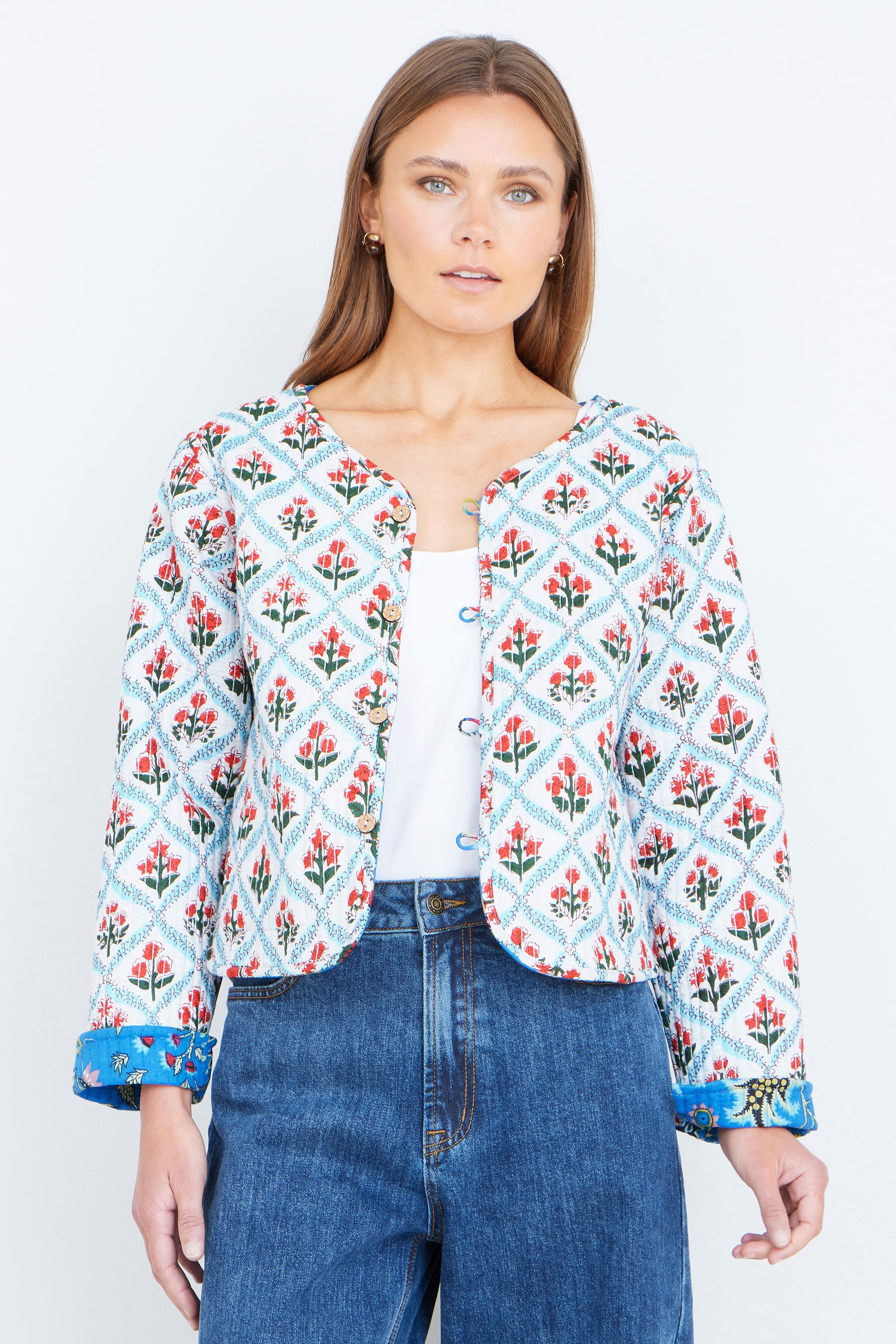 Yumi Blue Boho Print Cotton Reversible Quilted Jacket Outerwear Yumi