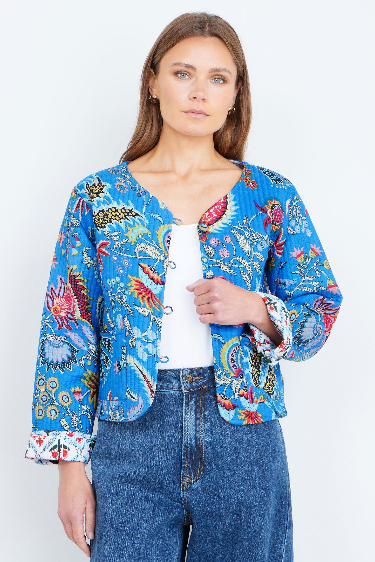 Yumi Blue Boho Print Cotton Reversible Quilted Jacket Outerwear Yumi