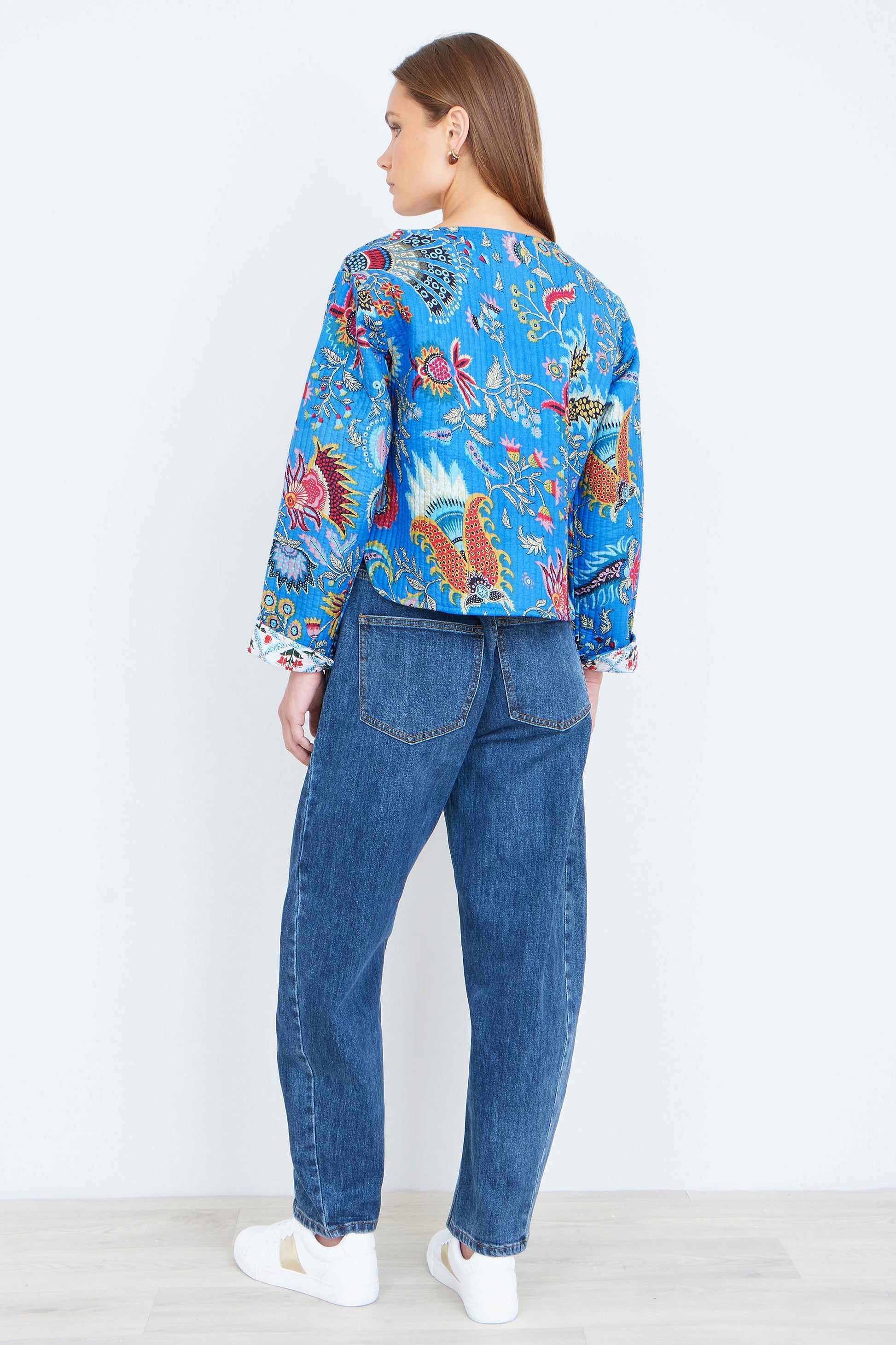 Yumi Blue Boho Print Cotton Reversible Quilted Jacket Outerwear Yumi