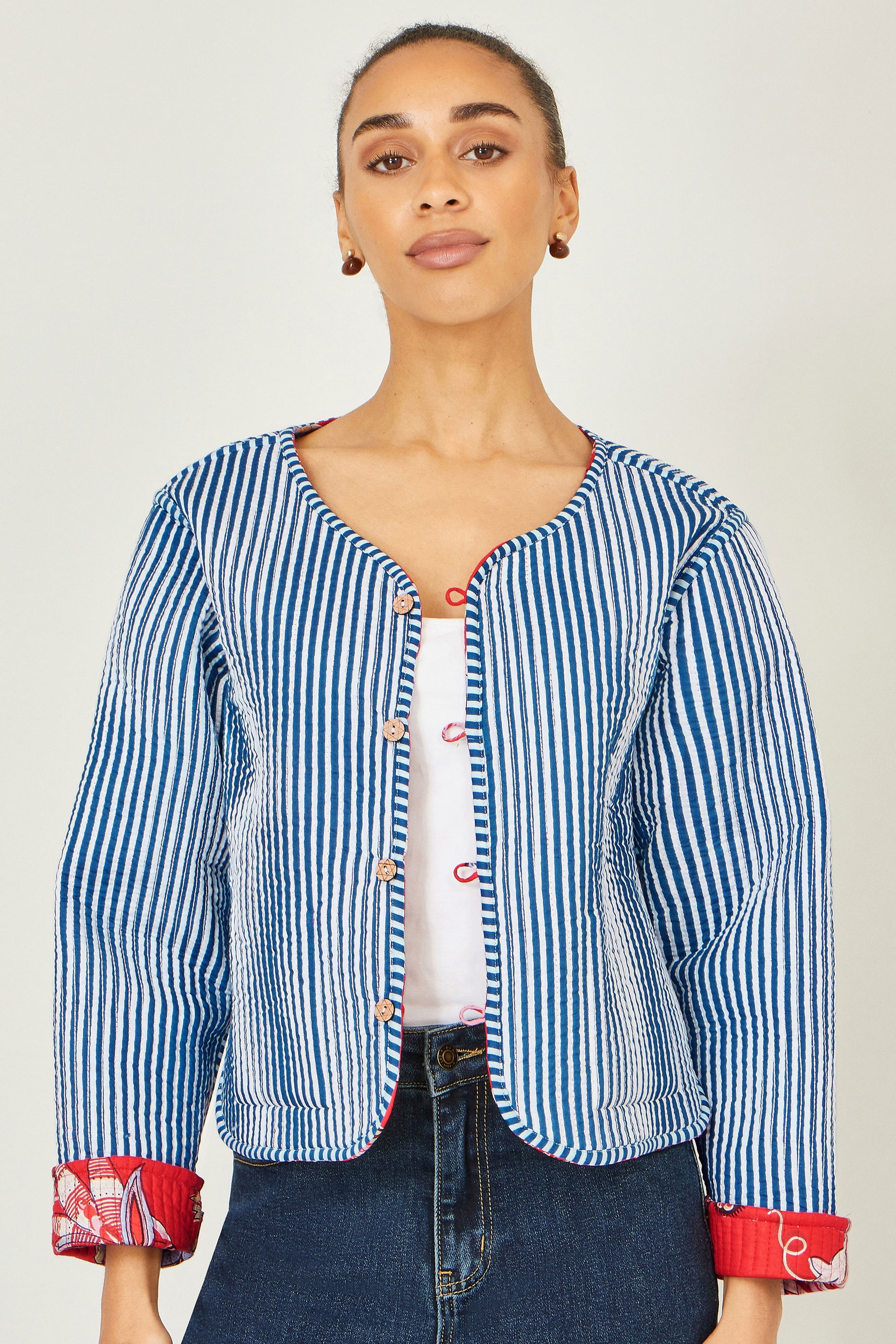 Yumi Red Boho Print Cotton Reversible Quilted Jacket Outerwear Yumi