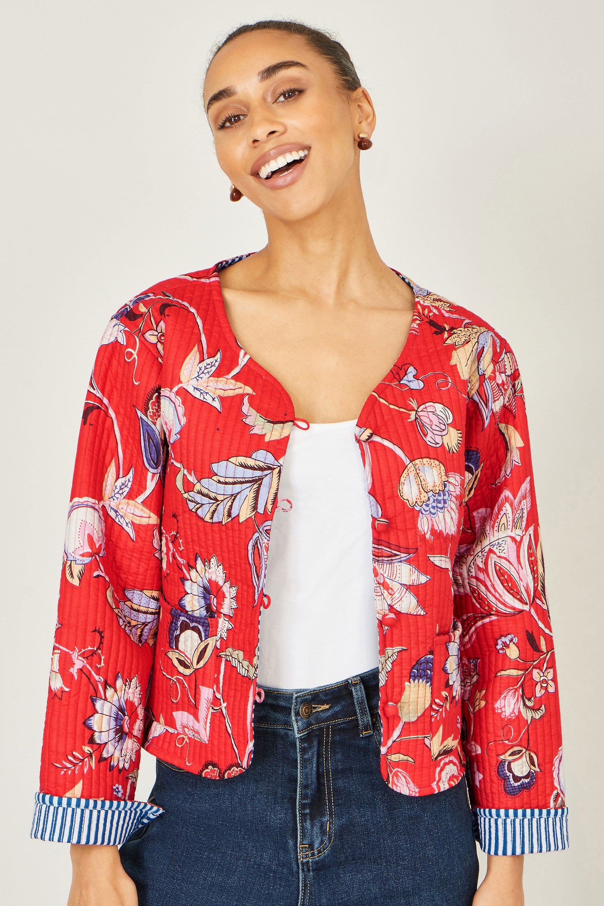 Yumi Red Boho Print Cotton Reversible Quilted Jacket Outerwear Yumi